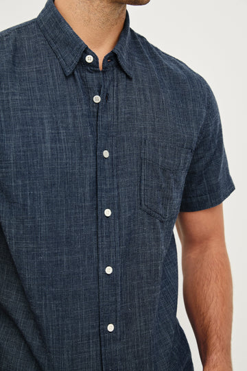 Fairfax short sleeve button up shirt with collar in Navy Etch - close up of details