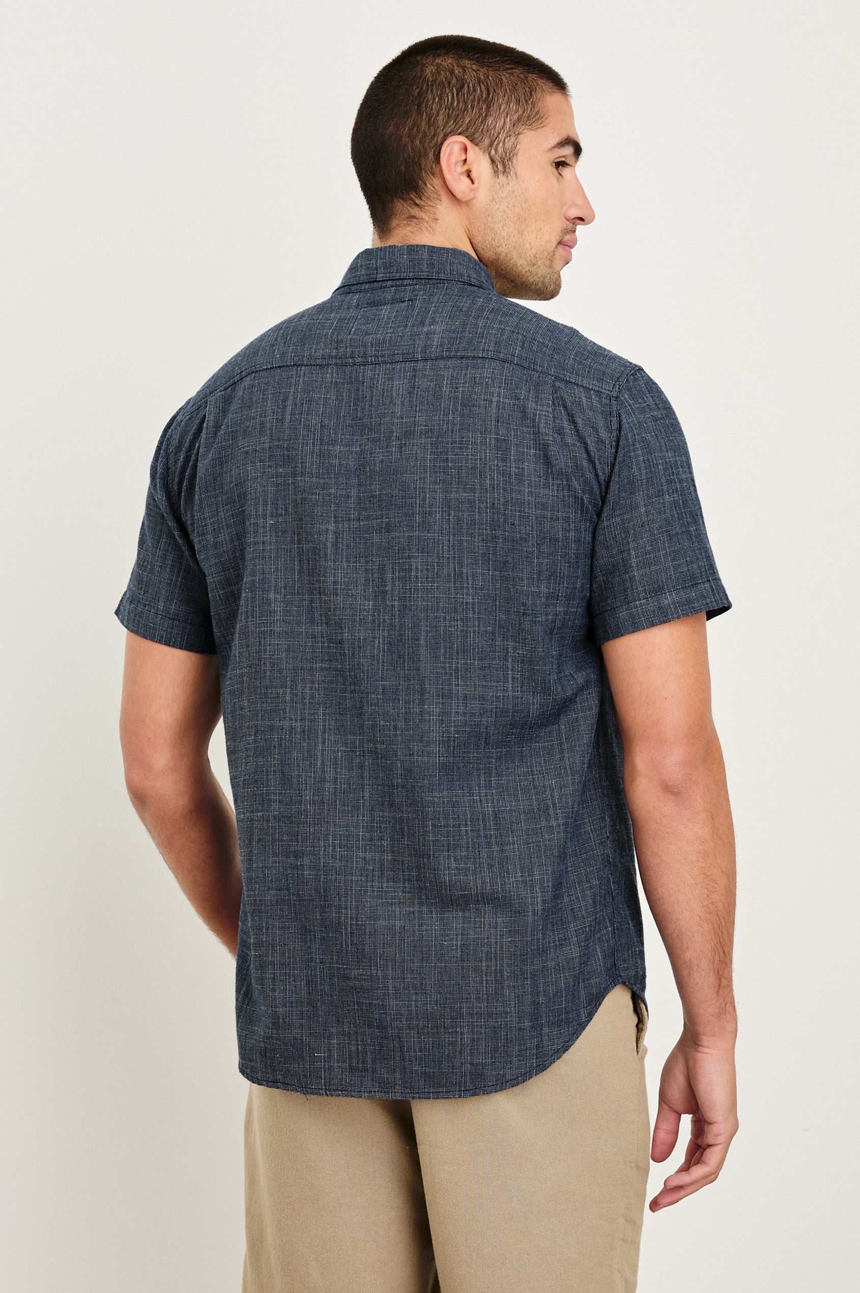 Fairfax short sleeve button up shirt with collar in Navy Etch - back view on model