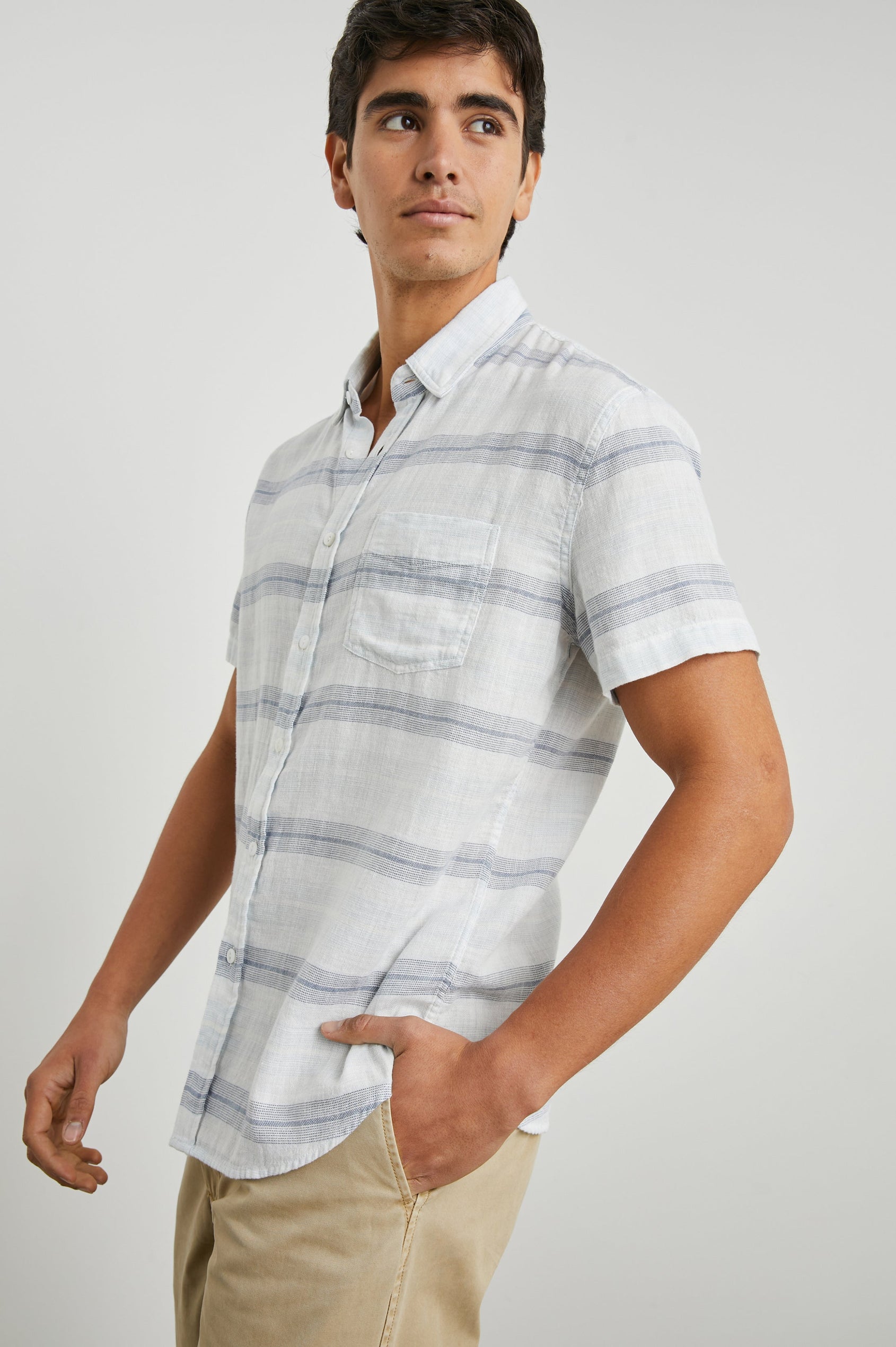 Fairfax Short-Sleeve Button Up with a Chest Patch Pocket in Piraeus Marathon Colorway, with horizontal grey stripes on White - Front View Featured on Model