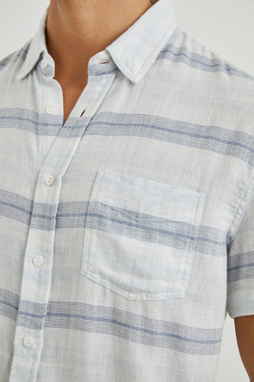 Fairfax Short-Sleeve Button Up with a Chest Patch Pocket in Piraeus Marathon Colorway, with horizontal grey stripes on White - Front View Featured on Model