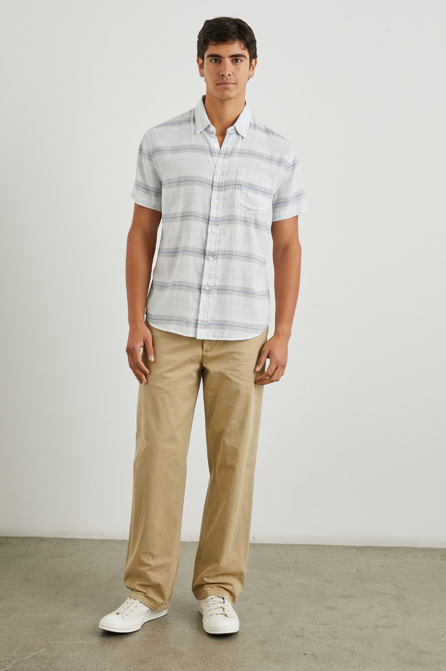 Fairfax Short-Sleeve Button Up with a Chest Patch Pocket in Piraeus Marathon Colorway, with horizontal grey stripes on White - Front Full Body View Featured on Model