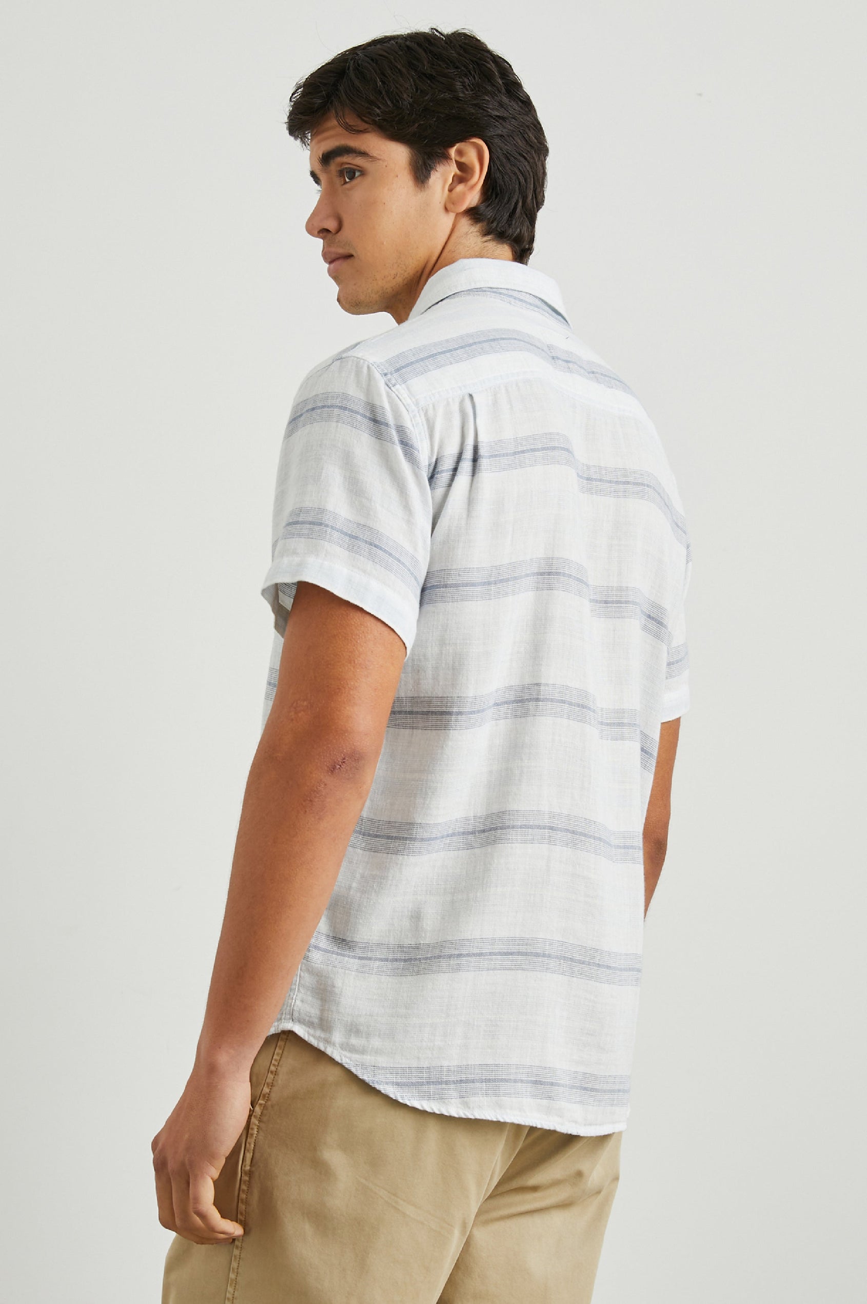 Fairfax Short-Sleeve Button Up with a Chest Patch Pocket in Piraeus Marathon Colorway, with horizontal grey stripes on White - Back View Featured on Model