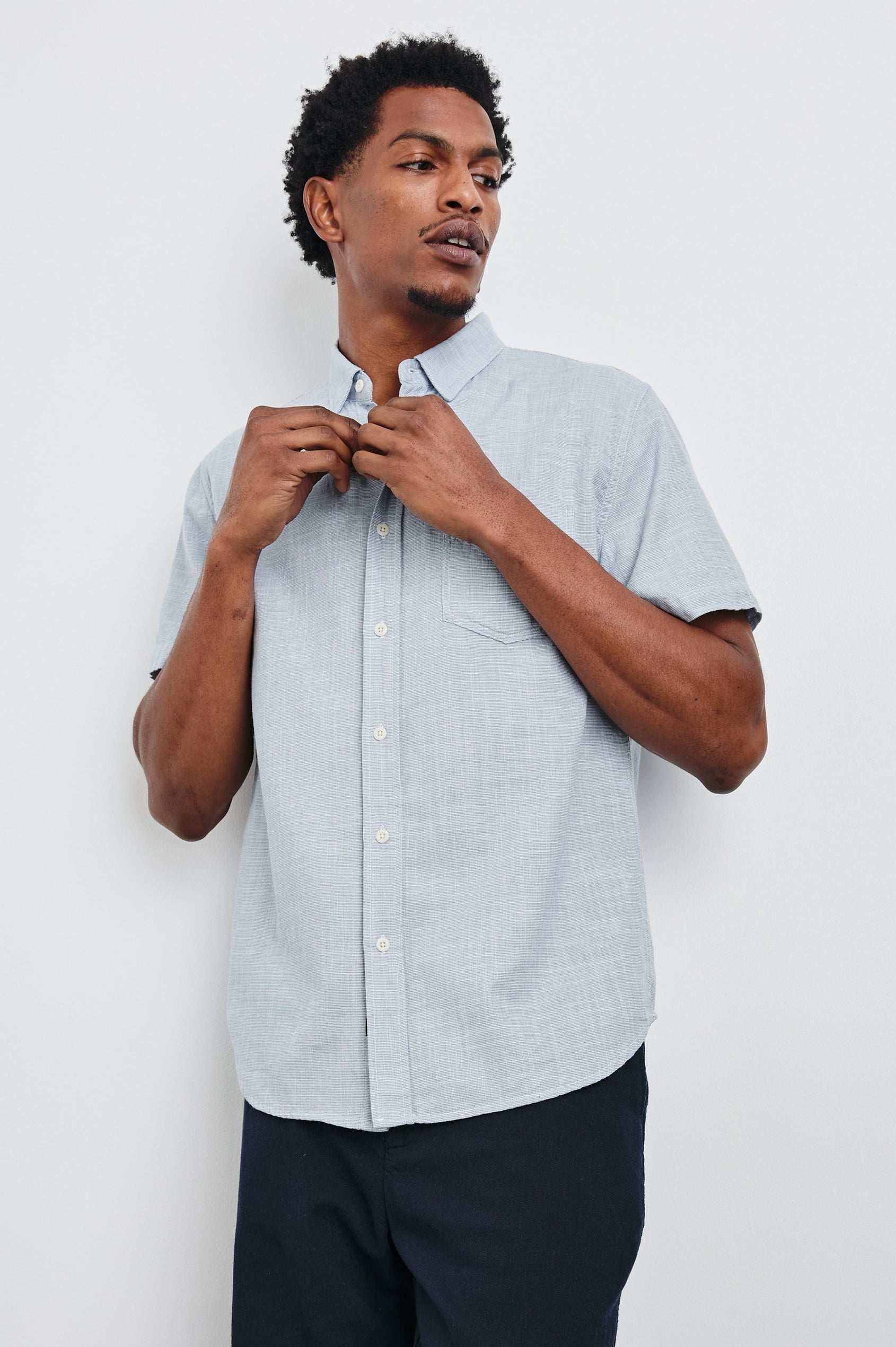 Fairfax Short-Sleeve Button Up with a Chest Patch Pocket in Tidal Etch Colorway - Front View Featured on Model