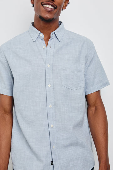 Fairfax Short-Sleeve Button Up with a Chest Patch Pocket in Tidal Etch Colorway - Front View Featured on Model