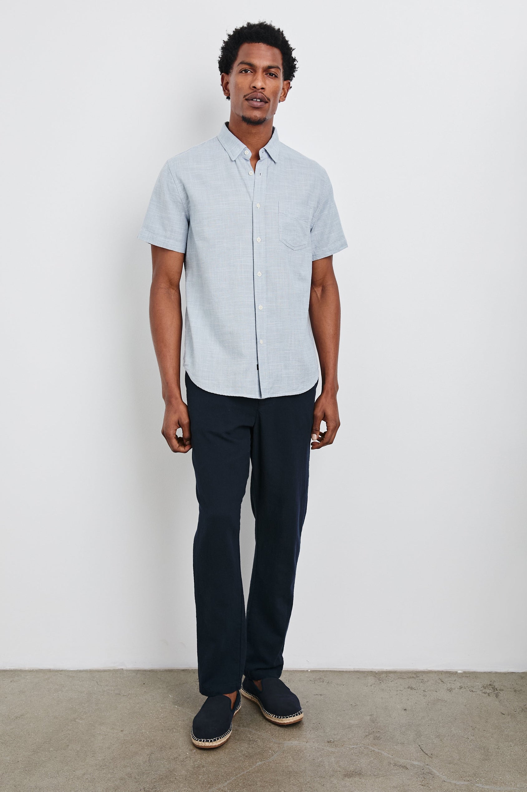 Fairfax Short-Sleeve Button Up with a Chest Patch Pocket in Tidal Etch Colorway - Front Full Body View Featured on Model