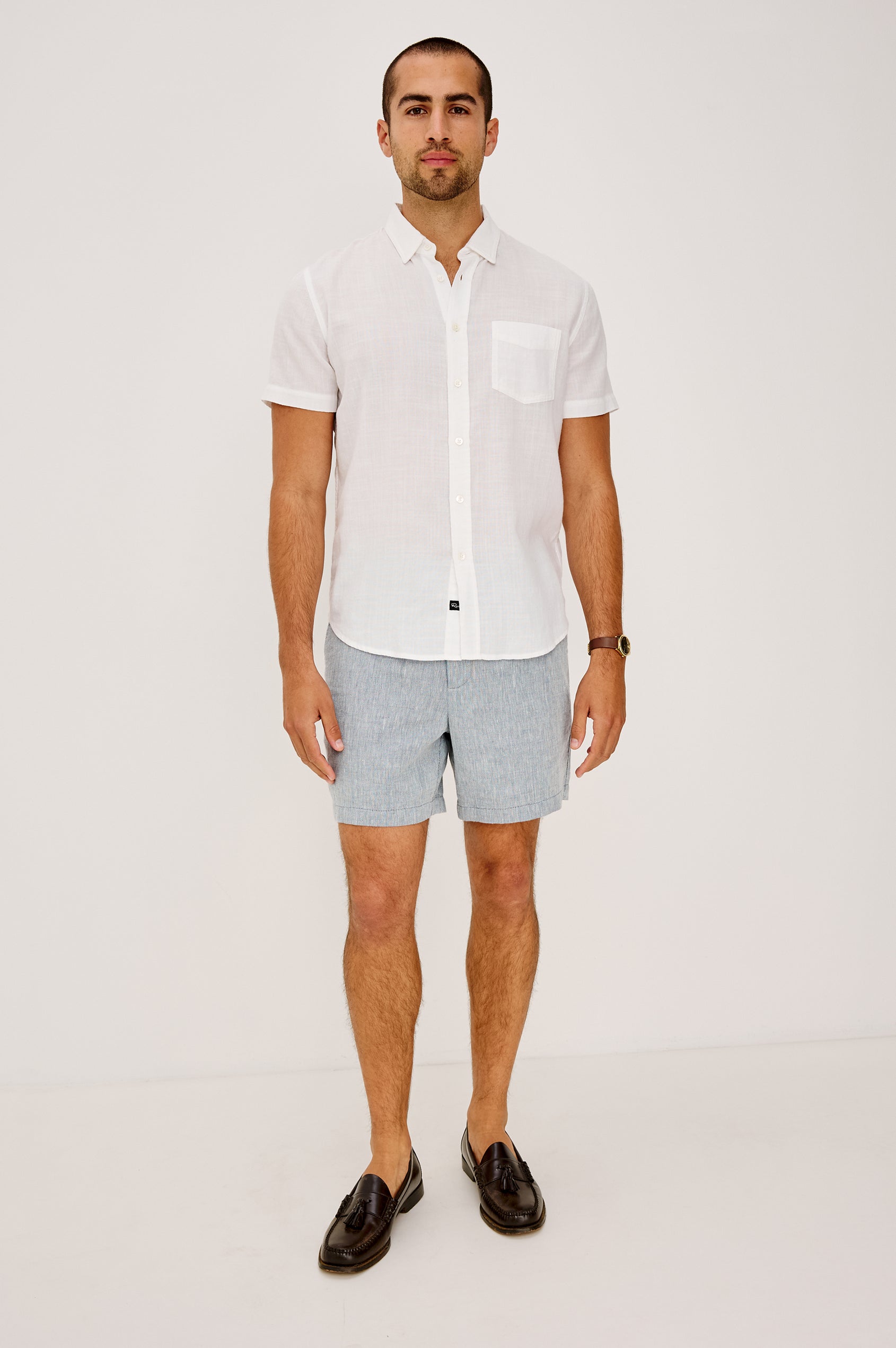 Fairfax Short Sleeve Button-Up Shirt in Lightweight Cotton With a Classic Fit in White Colorway - Full Body Front View Featured on Model