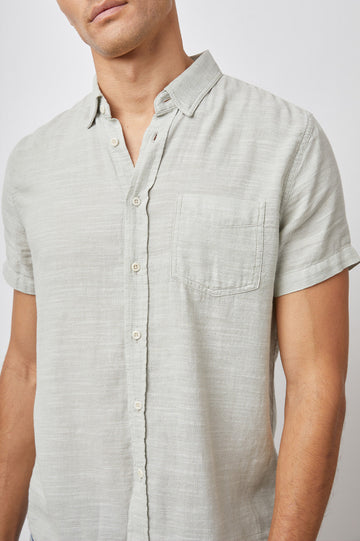 FAIRFAX SHORT SLEEVE BUTTON DOWN - SAGE - FRONT DETAIL