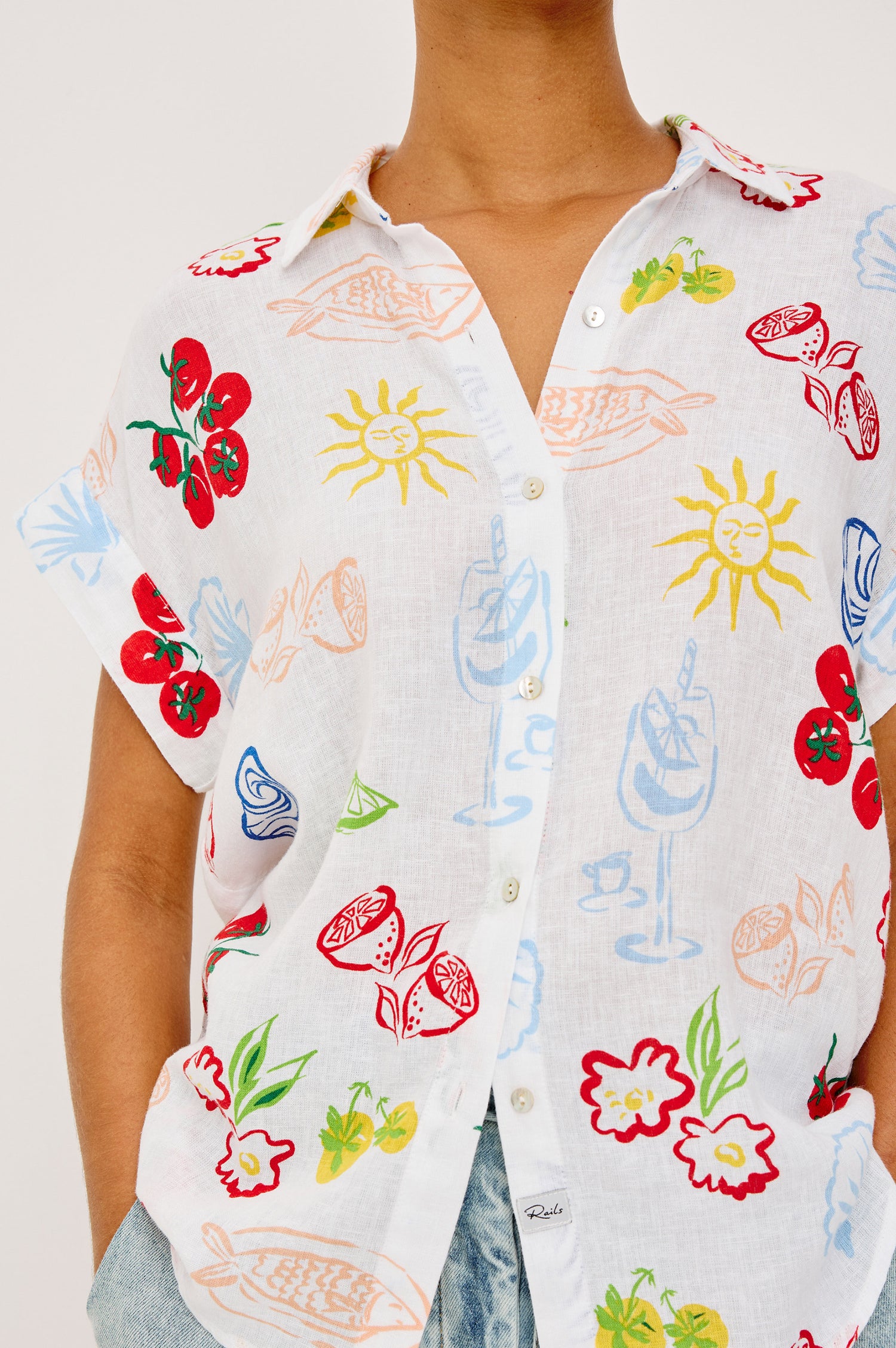 Farrah Button-Up Shirt in Featherweight Rayon With Collar, Short Rolled Sleeves, and Relaxed Fit in White Antipasti Colorway - Full Body Front View Featured on Model