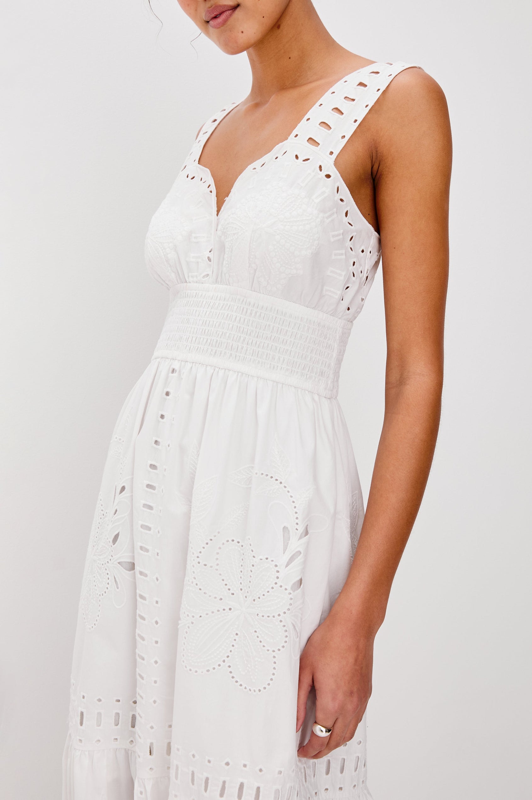 Fawn Midi Tank Dress with Wide Straps, Sweetheart Neck Line, Elastic Gathered Waist and Tiered Skirt in White Colorway. Front Detailed View Shown on Model. 