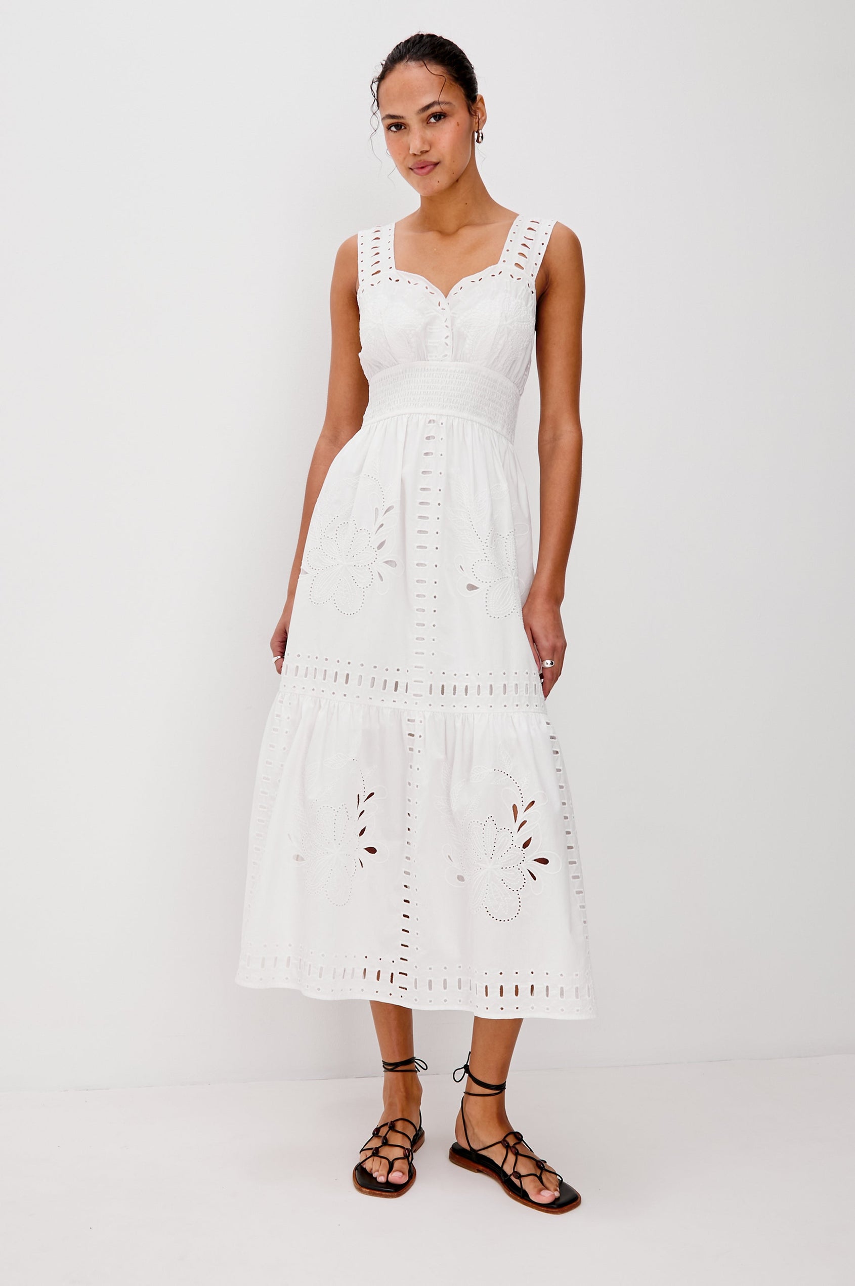 Fawn Midi Tank Dress with Wide Straps, Sweetheart Neck Line, Elastic Gathered Waist and Tiered Skirt in White Colorway. Full Body Front View Shown on Model. 