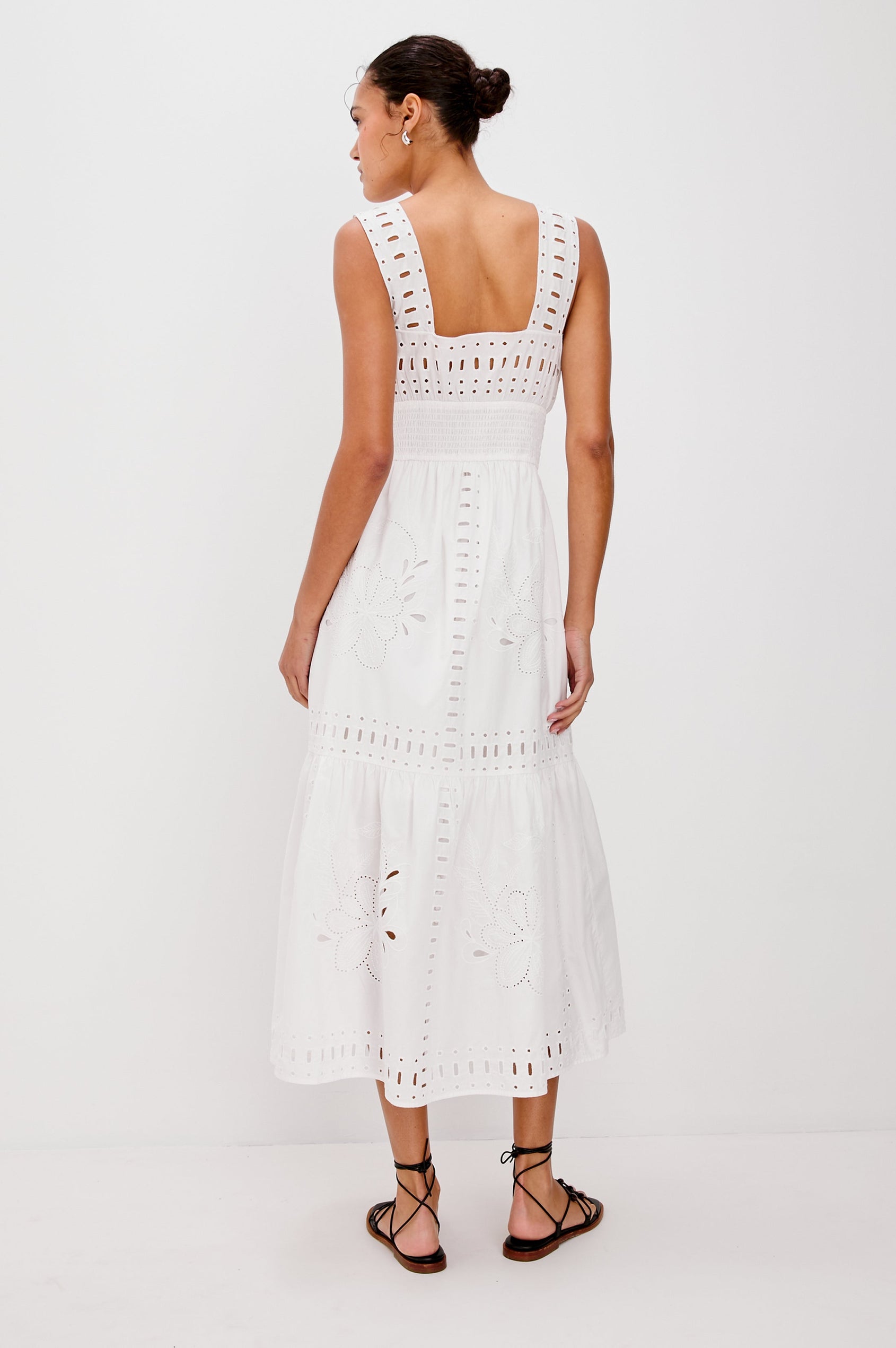 Fawn Midi Tank Dress with Wide Straps, Sweetheart Neck Line, Elastic Gathered Waist and Tiered Skirt in White Colorway. Full Body Back View Shown on Model. 