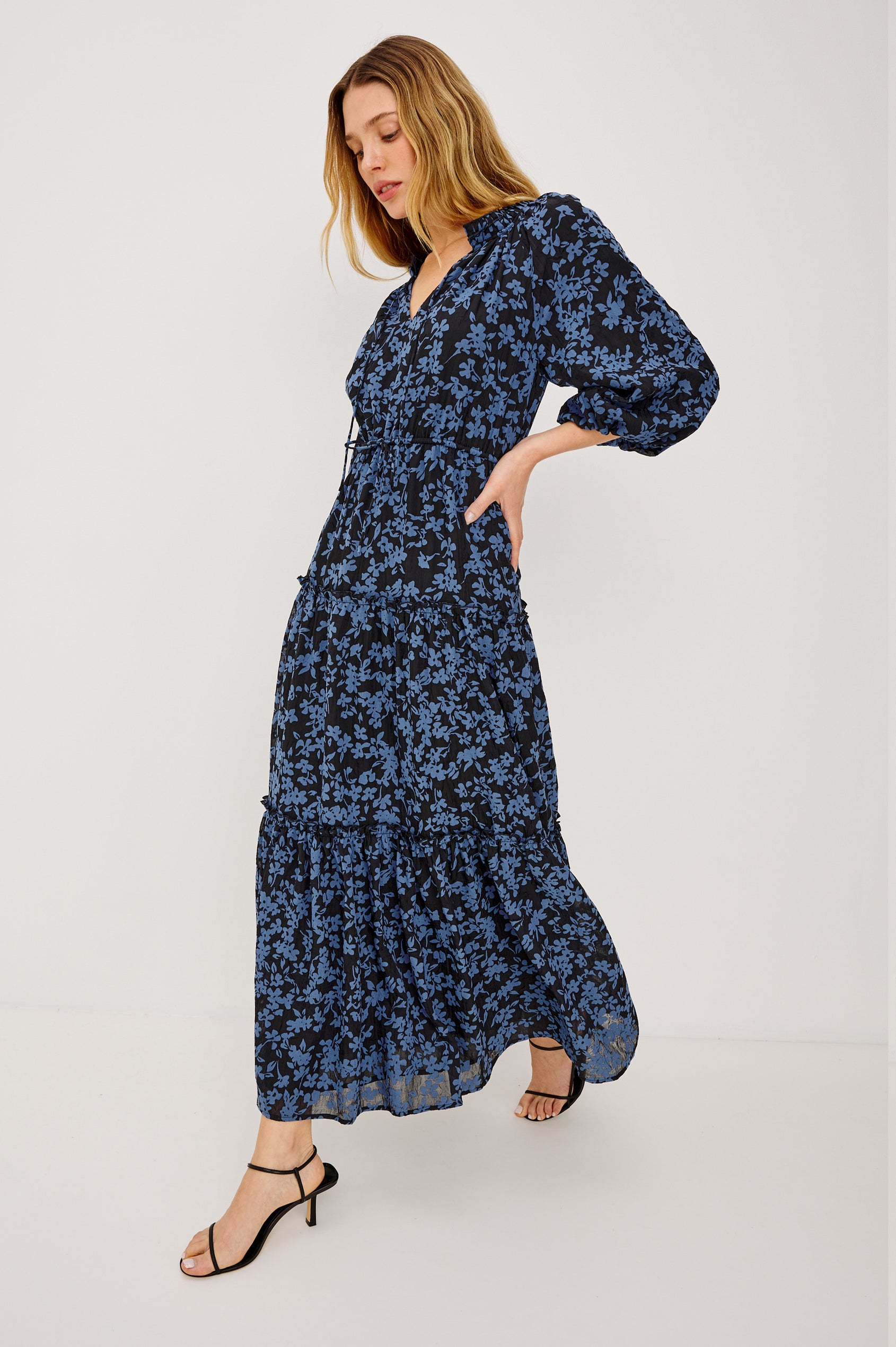 Felicia Maxi Dress in Crinkle Clip Jacquard With Split V-Neck With Self-Ties, Gathered Sleeves, Elastic Waist, and Loose Fit in Midnight Silhouette Floral Colorway - Full Body Front View Featured on Model