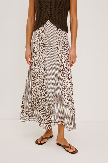 Felina High-Waisted Maxi Skirt in Chiffon With Contrast Panels and Full Lining in Espresso Daisy Gingham Mix - Lower Body Front View Featured on Model