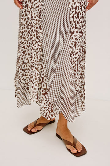Felina High-Waisted Maxi Skirt in Chiffon With Contrast Panels and Full Lining in Espresso Daisy Gingham Mix - Lower Body Close Up Front View Featured on Model