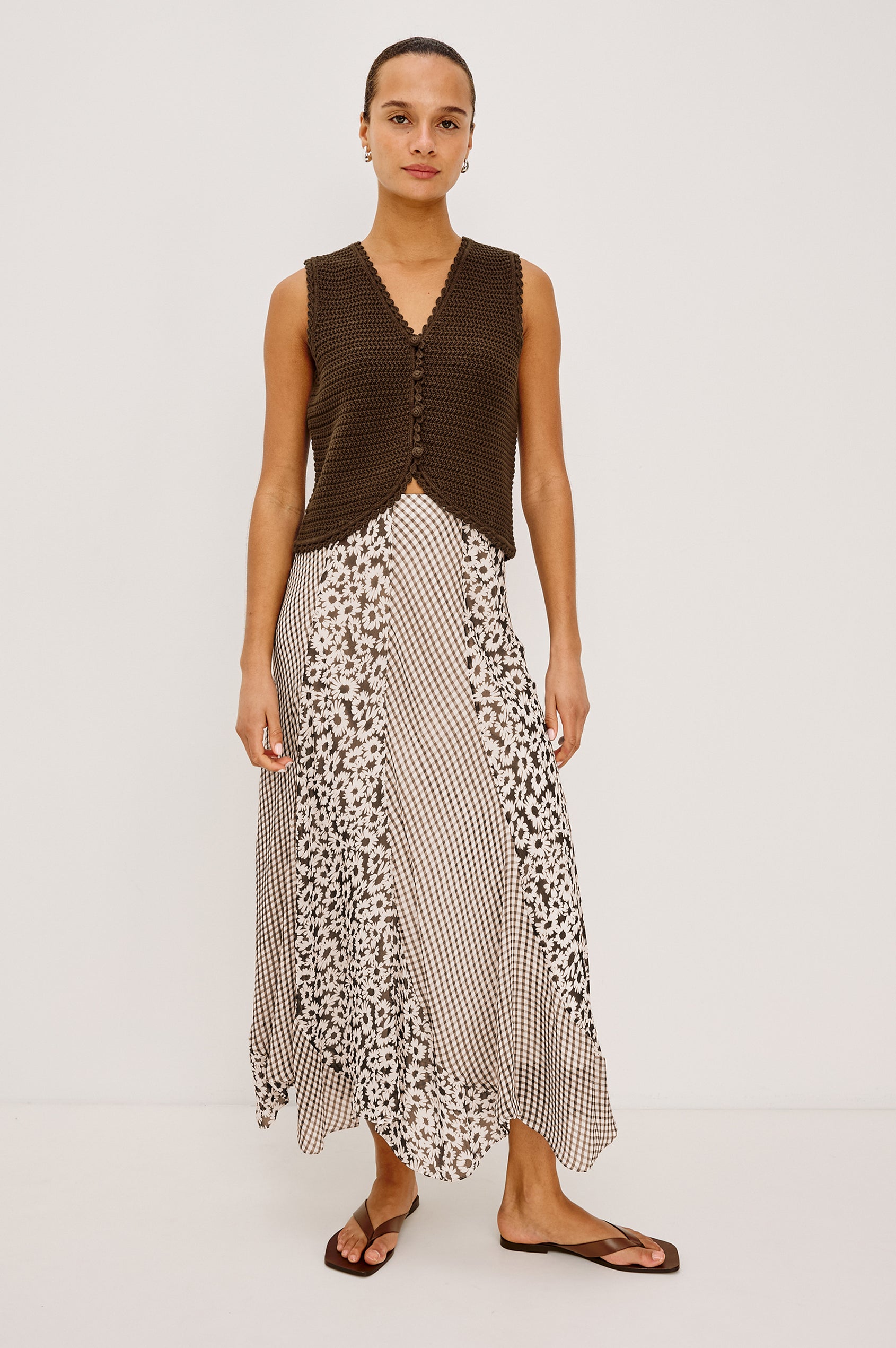 Felina High-Waisted Maxi Skirt in Chiffon With Contrast Panels and Full Lining in Espresso Daisy Gingham Mix - Full Body Front View Featured on Model
