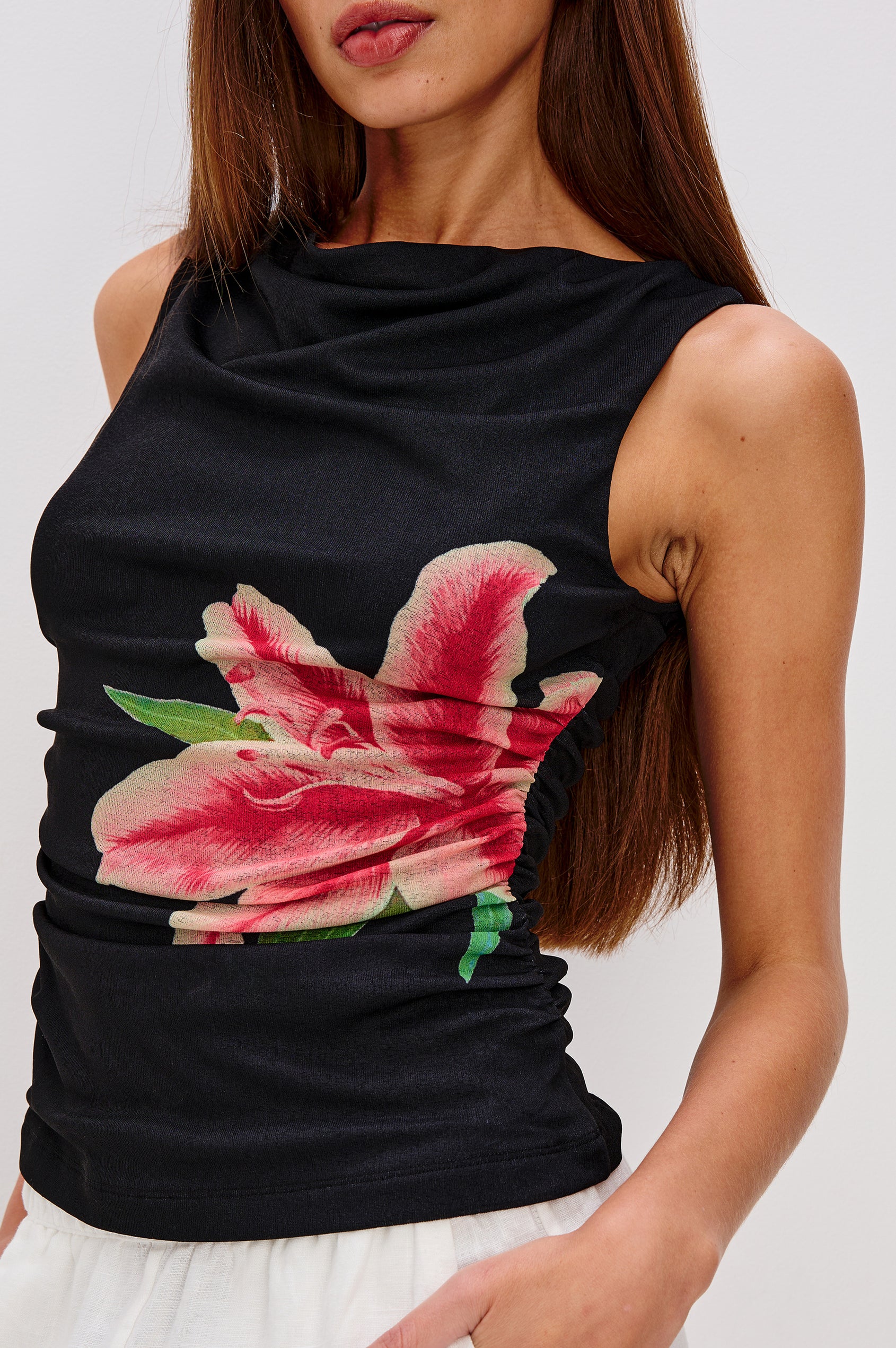 Fete Fitted Cowl Neck Sleeveless Top in Stretch Velvet With Shirred Sides in Peach Lily Colorway - Side Upper Body View Featured on Model