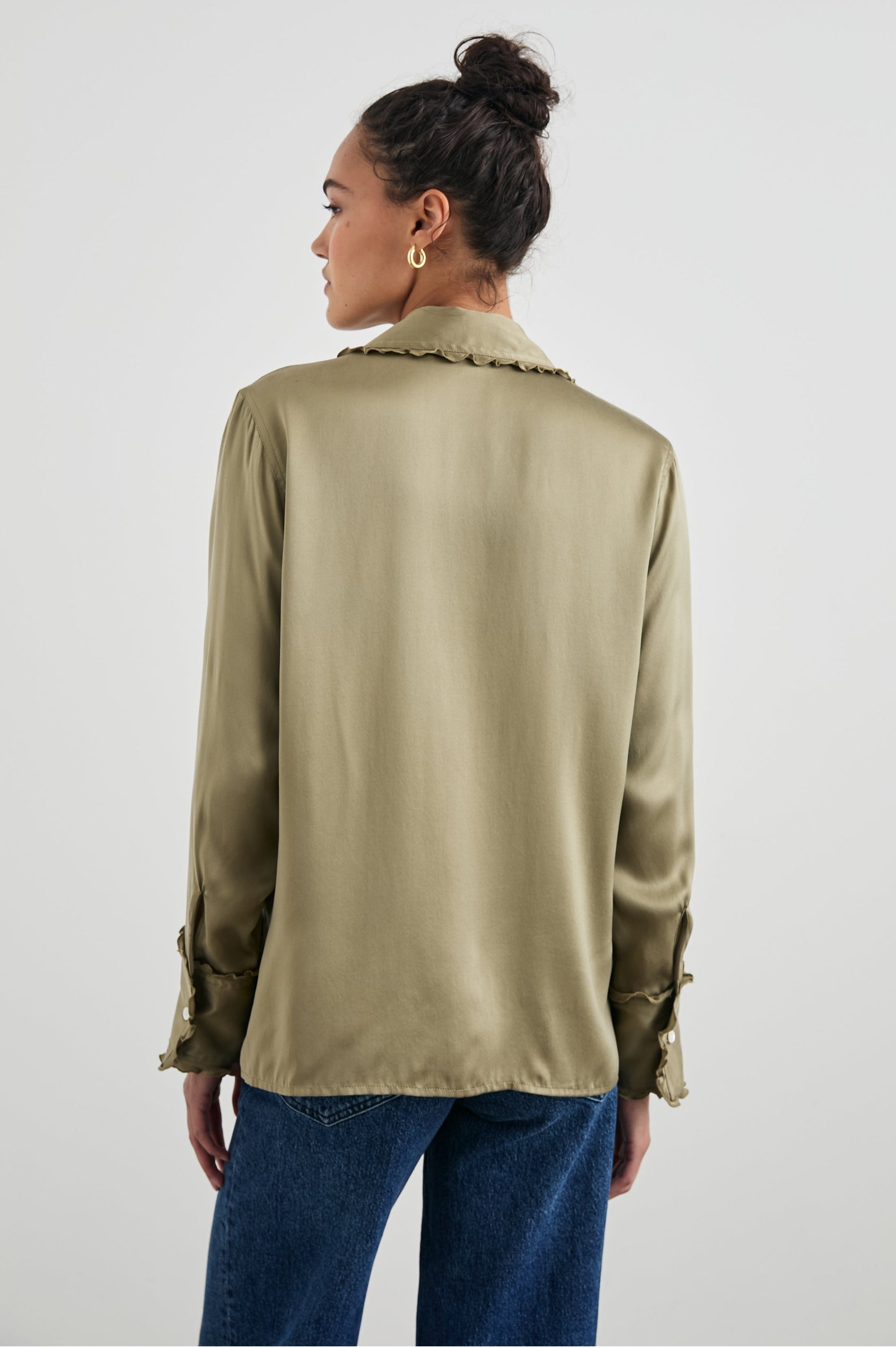 Fia Long-Sleeve Button Up with Lettuce Edges on the Collar, Cuffs, and Closure in Mermaid Colorway - Back View Featured on Model 