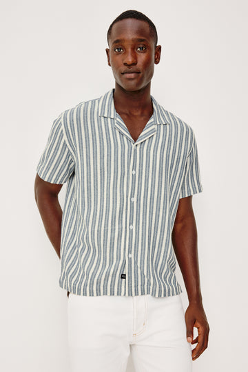 Fielder Button Front Shirt With Short Sleeves and Relaxed Boxy Fit in Marine White Stripe Colorway - Upper Body Front View Featured on Model