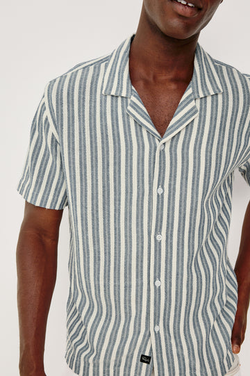 Fielder Button Front Shirt With Short Sleeves and Relaxed Boxy Fit in Marine White Stripe Colorway - Upper Body Front Close Up View Featured on Model
