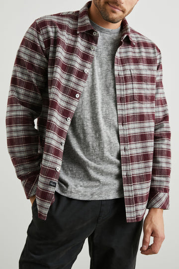 FORREST-BLACK-CHERRY-GREY-FRONT UNBUTTONED