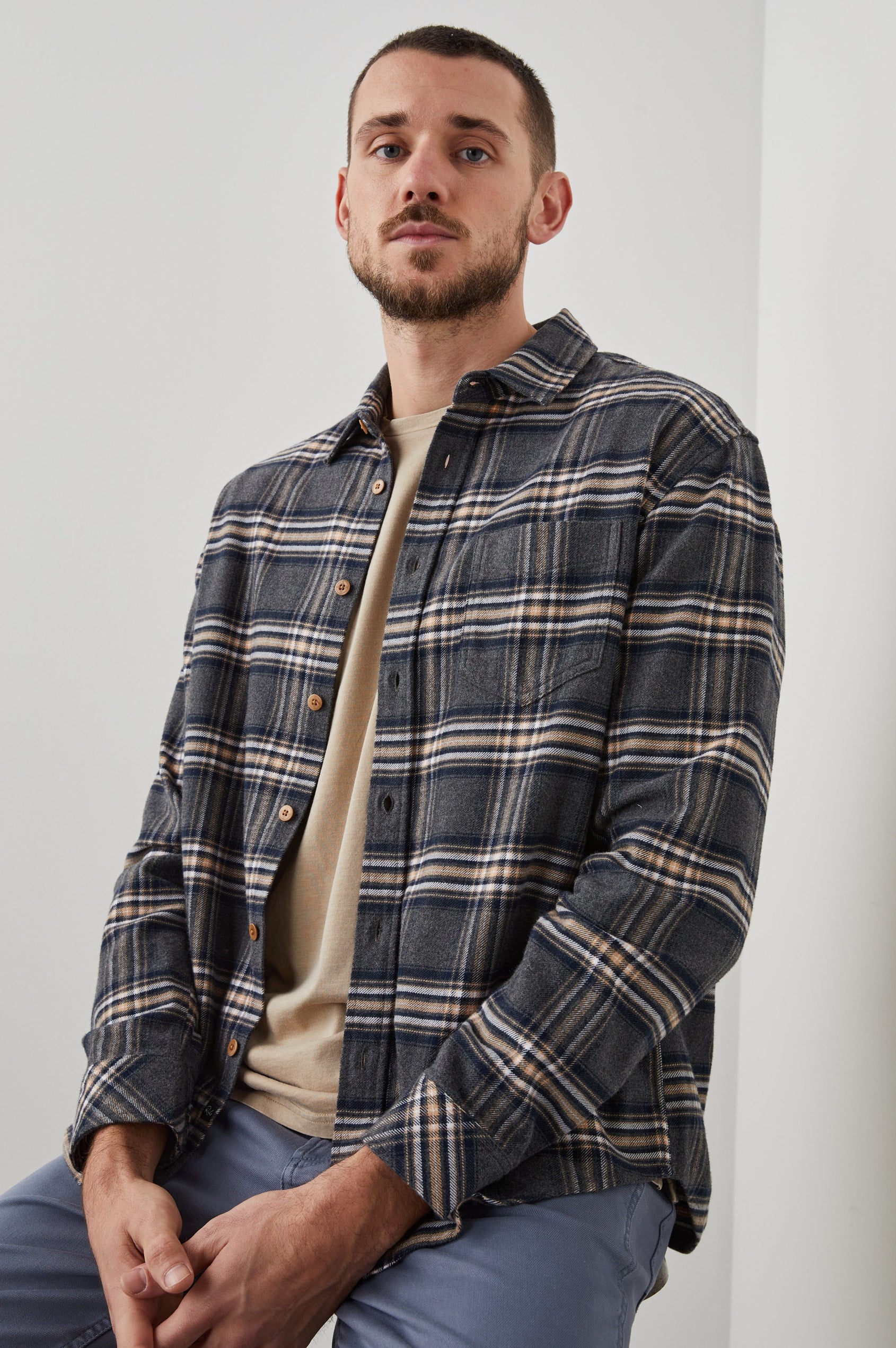 FORREST CHARCOAL FOUNDATION MELANGE SHIRT - FRONT SITTING DOWN