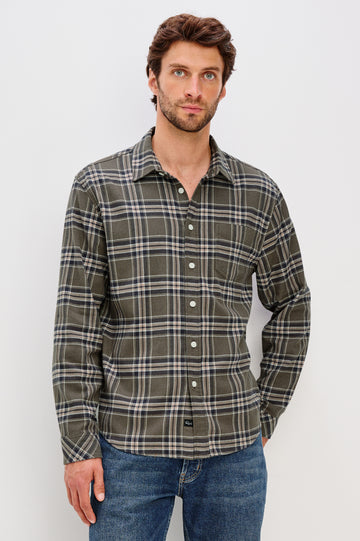 Forrest Long-Sleeve Button Up with a Chest Patch Pocket in Driftwood Coal Colorway, a Brown, Green and Charcoal plaid - Back View Featured on Model