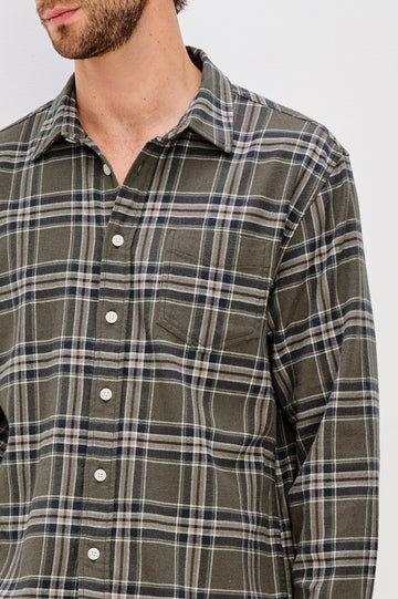 Forrest Button Front Shirt With Collar, Single Chest Patch Pocket, and Long Sleeves in Driftwood Coal Colorway Brown Green Charcoal - Upper Body Front View Featured on Model