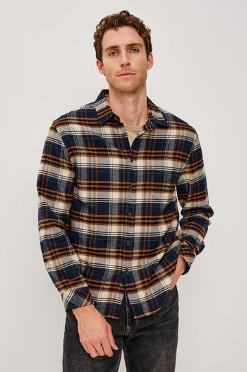 Forrest Long-Sleeve Button Up with a Chest Patch Pocket in Oat Umber Steel Colorway, a plaid - Front View Featured on Model