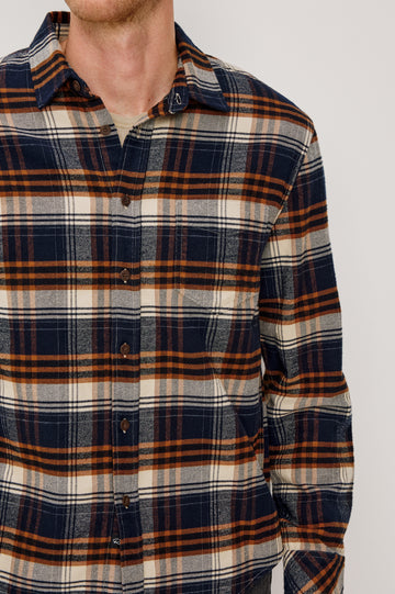 Forrest Long-Sleeve Button Up with a Chest Patch Pocket in Oat Umber Steel Colorway, a plaid - Front Detail View Featured on Model