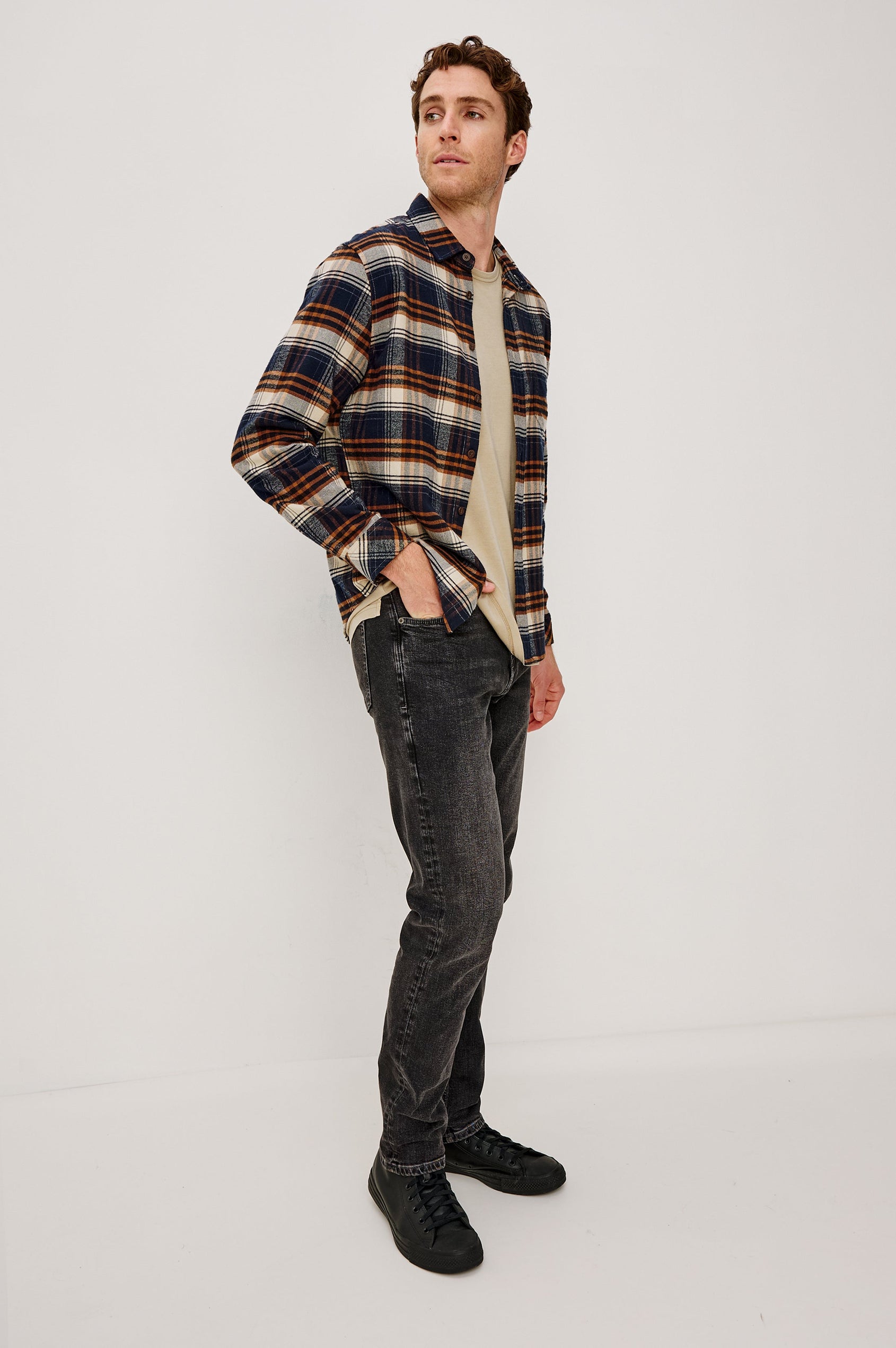 Forrest Long-Sleeve Button Up with a Chest Patch Pocket in Oat Umber Steel Colorway, a plaid - Side View Featured on Model