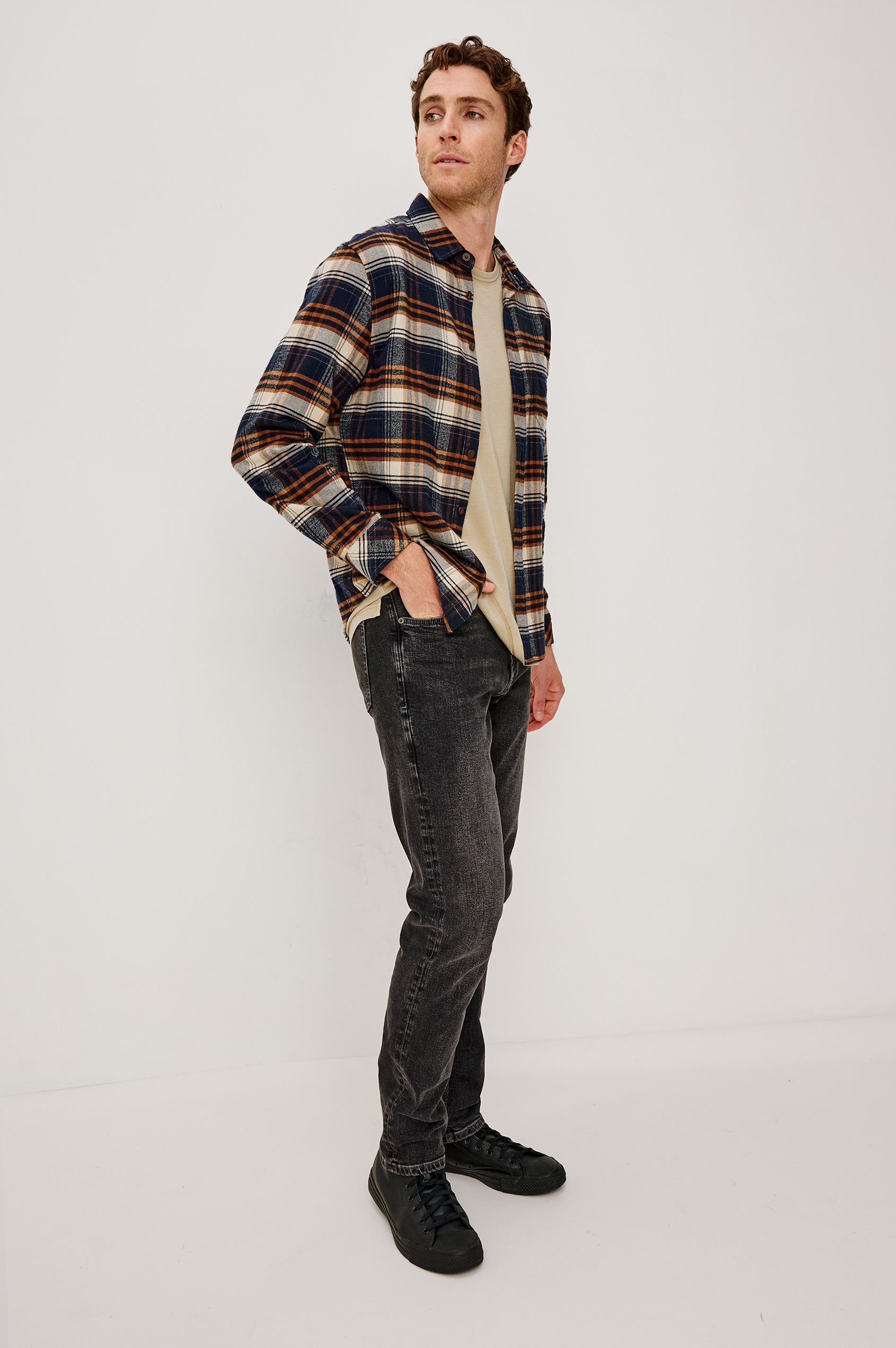 Forrest Long-Sleeve Button Up with a Chest Patch Pocket in Oat Umber Steel Colorway, a plaid - Front Full Body View Featured on Model