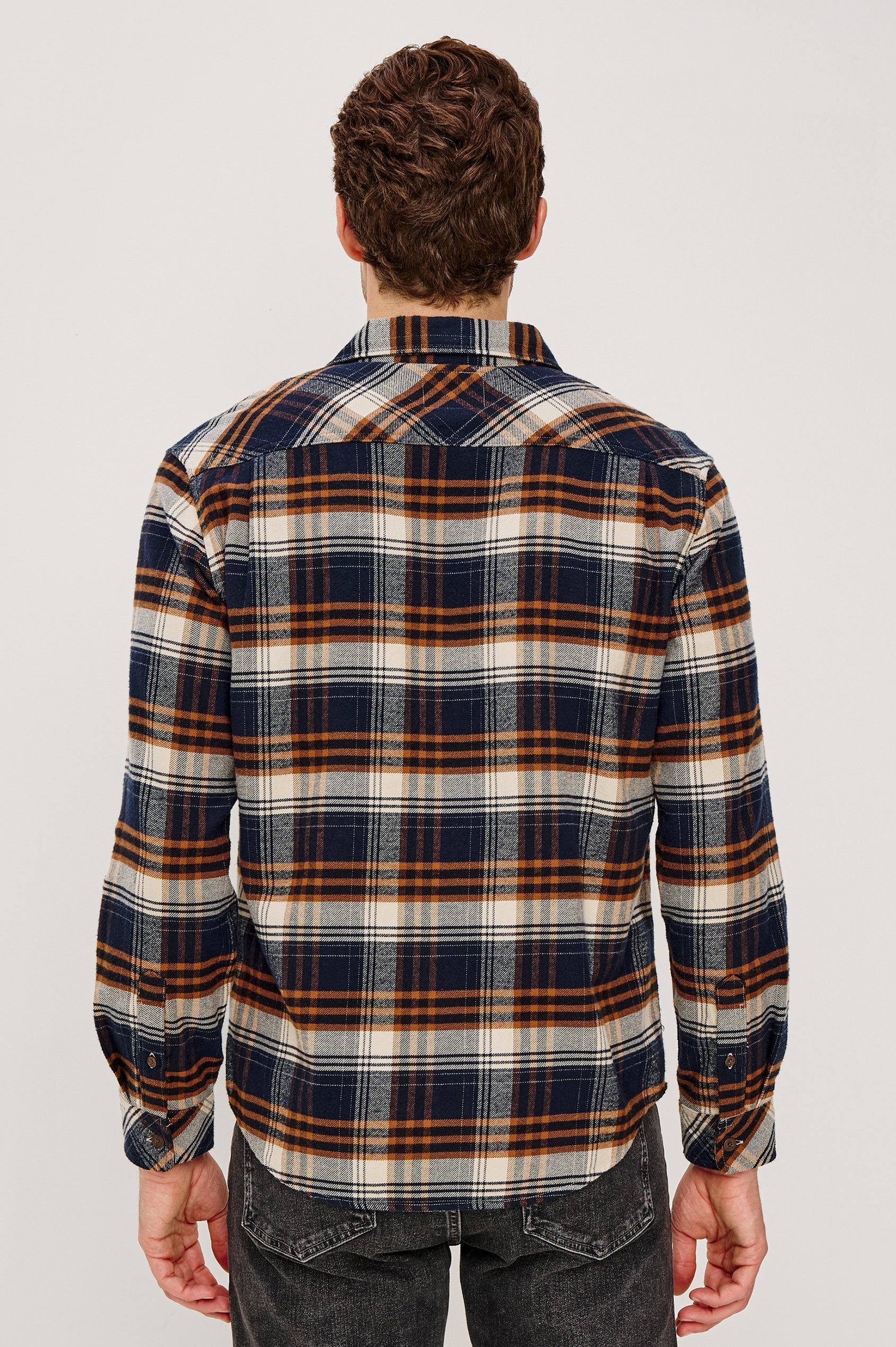 Forrest Long-Sleeve Button Up with a Chest Patch Pocket in Oat Umber Steel Colorway, a plaid - Back View Featured on Model