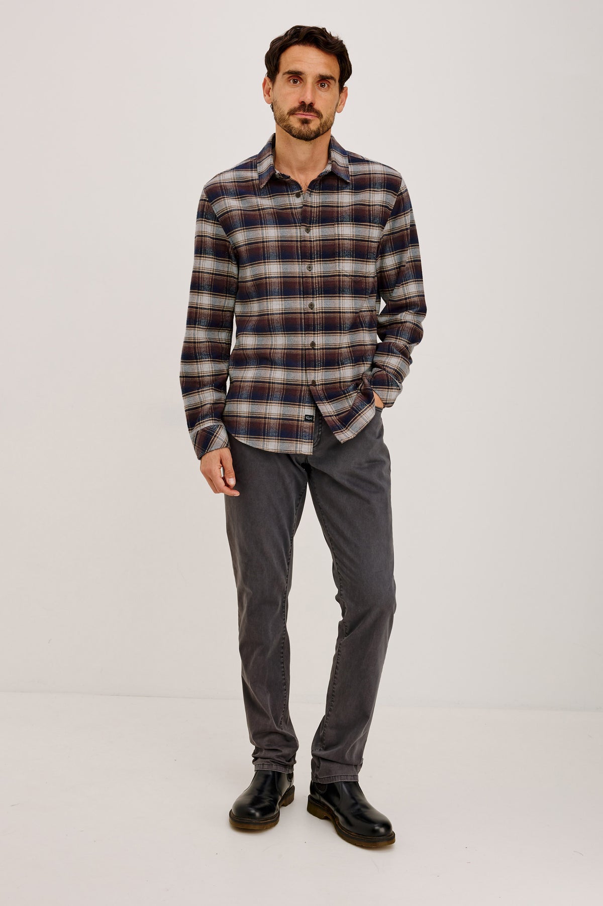 Forrest Shirt in Heavy Brushed Cotton With Collar, Front Buttons, and Single Chest Patch Pocket in Timber Creek Path Colorway - Full Body Front View Featured on Model.