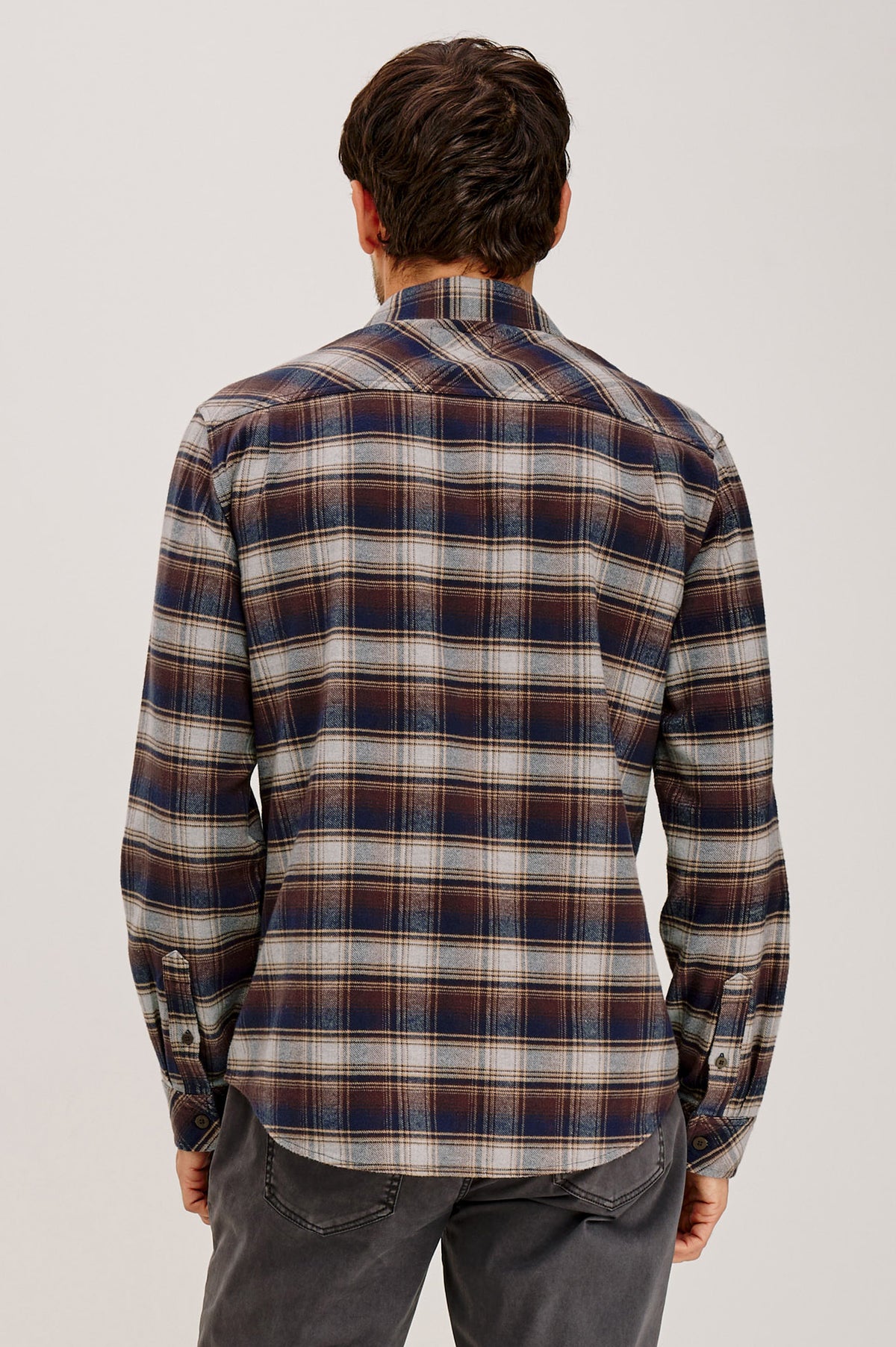 Forrest Shirt in Heavy Brushed Cotton With Collar, Front Buttons, and Single Chest Patch Pocket in Timber Creek Path Colorway - Upper Body Back View Featured on Model.