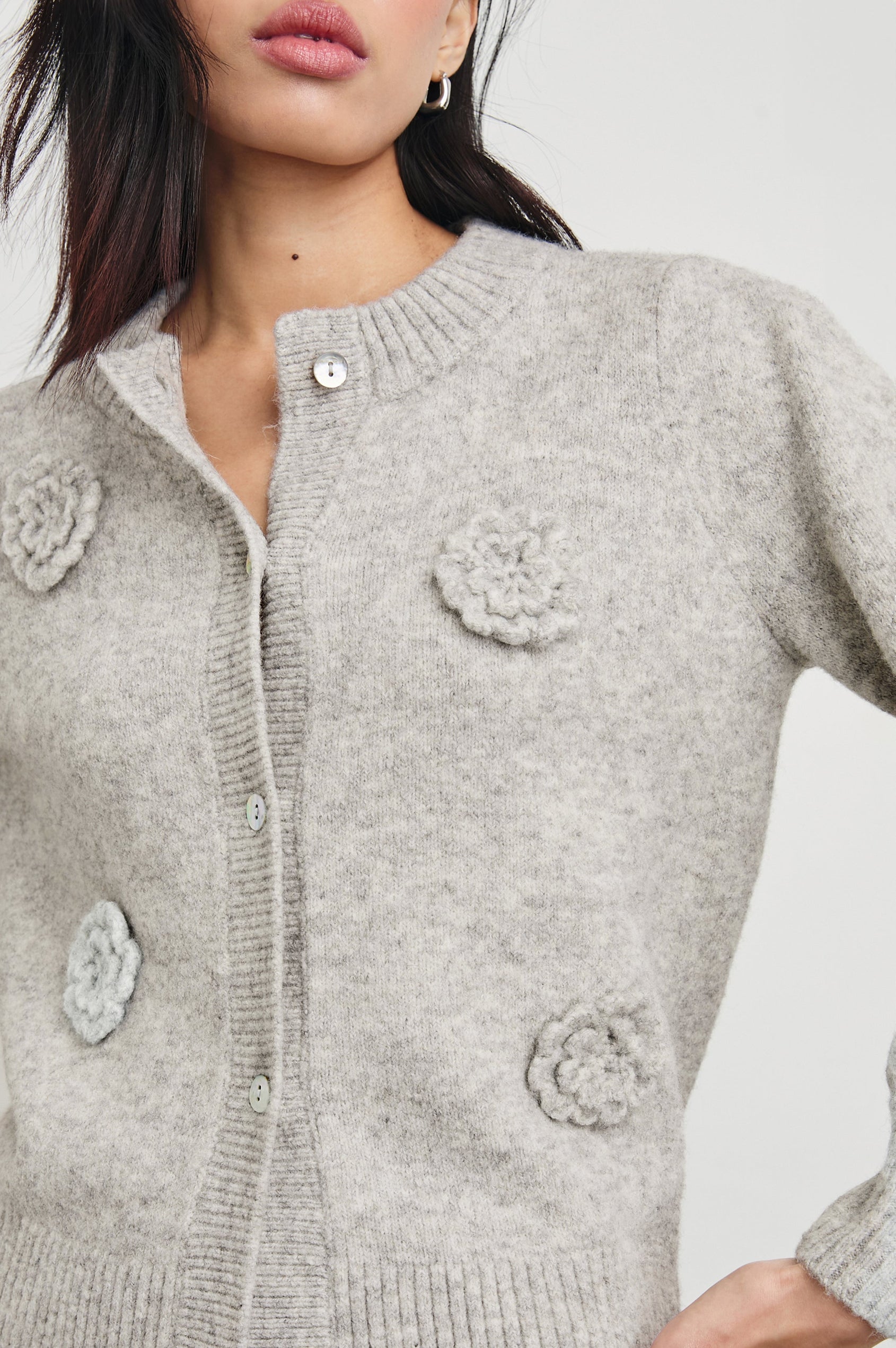 Francesca Long-Sleeve Cardigan with a Button Closure, Crew Neck, Ribbed Trim and Flower Appliques in Heather Grey Colorway - Front View Featured on Model