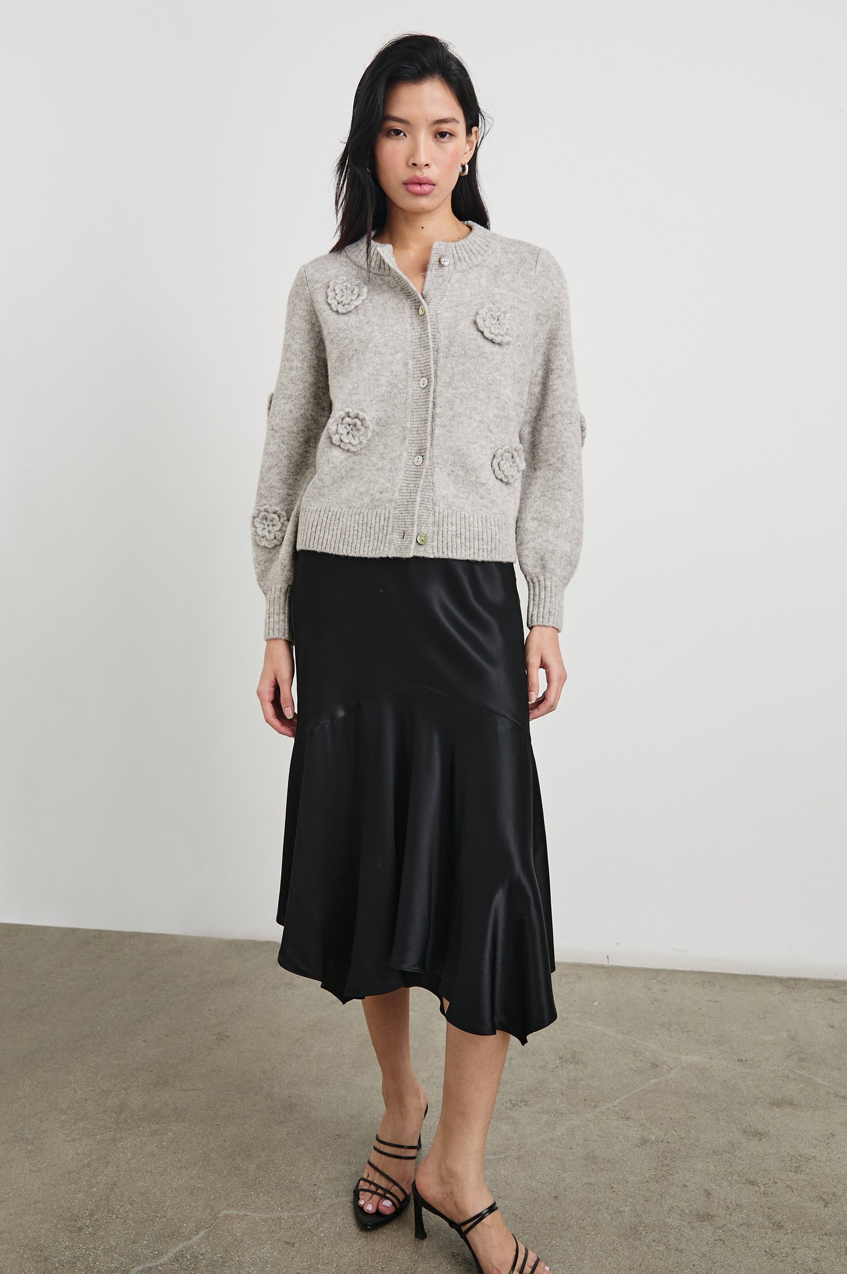 Francesca Long-Sleeve Cardigan with a Button Closure, Crew Neck, Ribbed Trim and Flower Appliques in Heather Grey Colorway - Front Full Body View Featured on Model