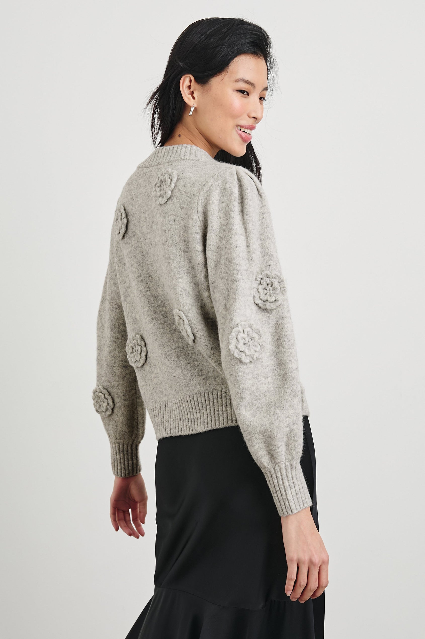 Francesca Long-Sleeve Cardigan with a Button Closure, Crew Neck, Ribbed Trim and Flower Appliques in Heather Grey Colorway - Back View Featured on Model