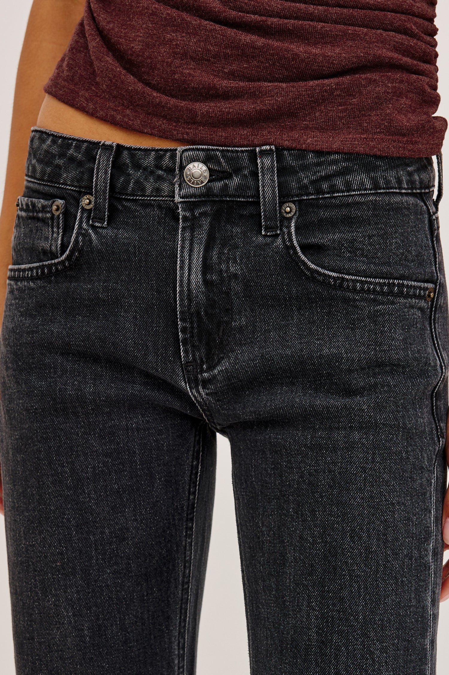 Fremont Low Rise Bootcut Jean in Light Stretch Denim With Extended Inseam, 5-Pockets, Belt Loops, and Zip-Fly Closure in Blackjack Colorway - Lower Body Front View Featured on Model