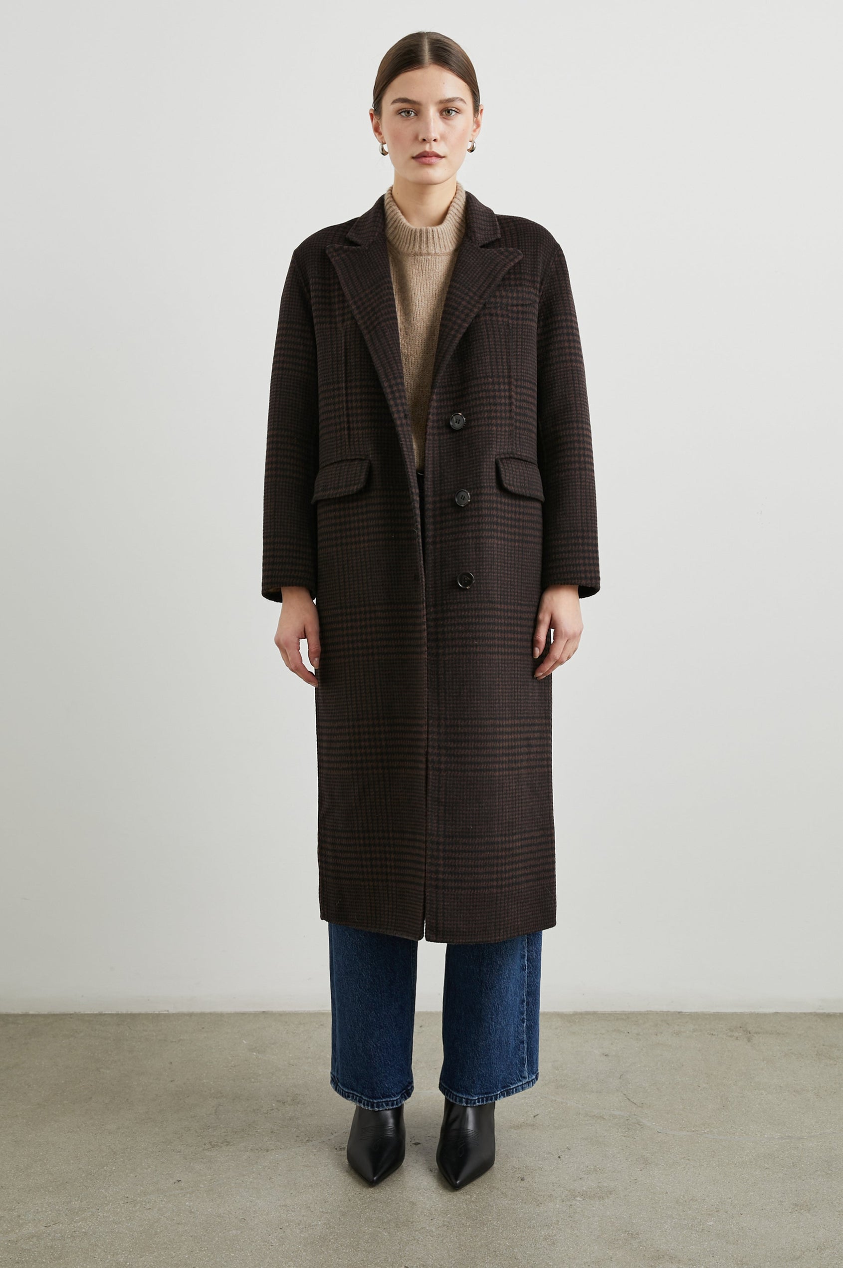 Gallery Below-the-Knee Coat with Three-Button Closure, Notched Lapels, and Two Front Flap Pockets in Espresso Houndstooth Colorway - Front Full Body View Featured on Model
