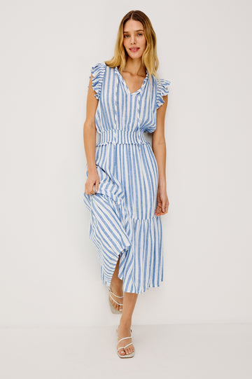 Garden Peasant Midi Dress in Linen With Ruffle Flutter Sleeves, Center Front Ties, V-Neckline, Shirred Waist, and Relaxed Fit in Atlantis Stripe Colorway - Full Body Front View Featured on Model