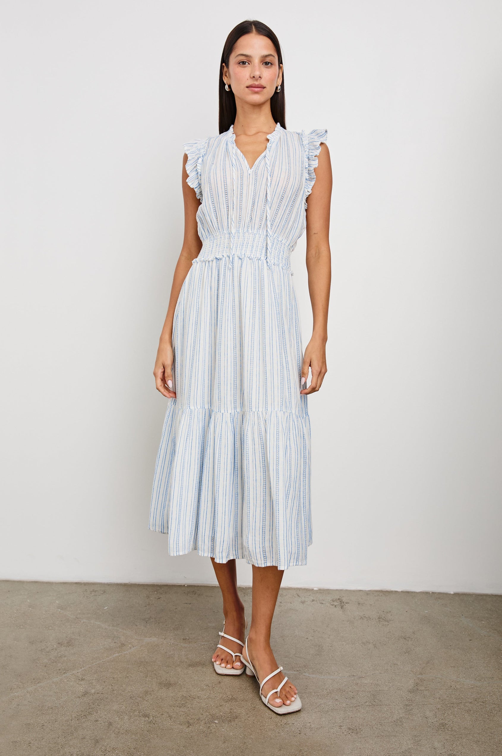 Garden Midi Dress with Flutter Cap Sleeves, Drawstrings at V-Neck and Shirred Waistband in Sonoma Stripe Colorway, Thin Vertical Blue Stripes on White - Front Full Body View Featured on Model