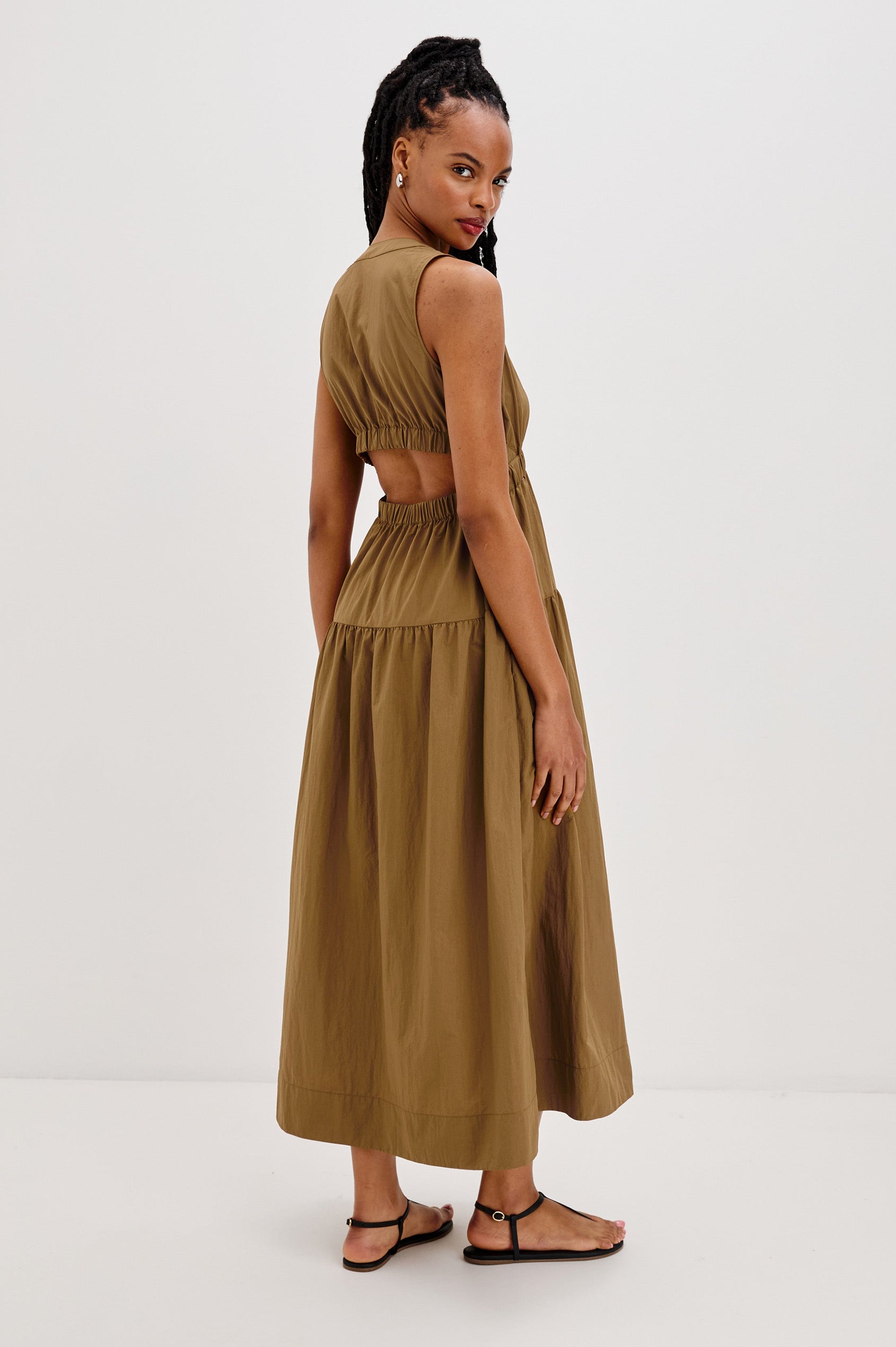 Genevieve Midi Tank Dress with a V-Neck, Elastic Waistband, Cutout at Back Waist and Side Seam Pockets in Sepia Colorway. Back View Shown on Model.