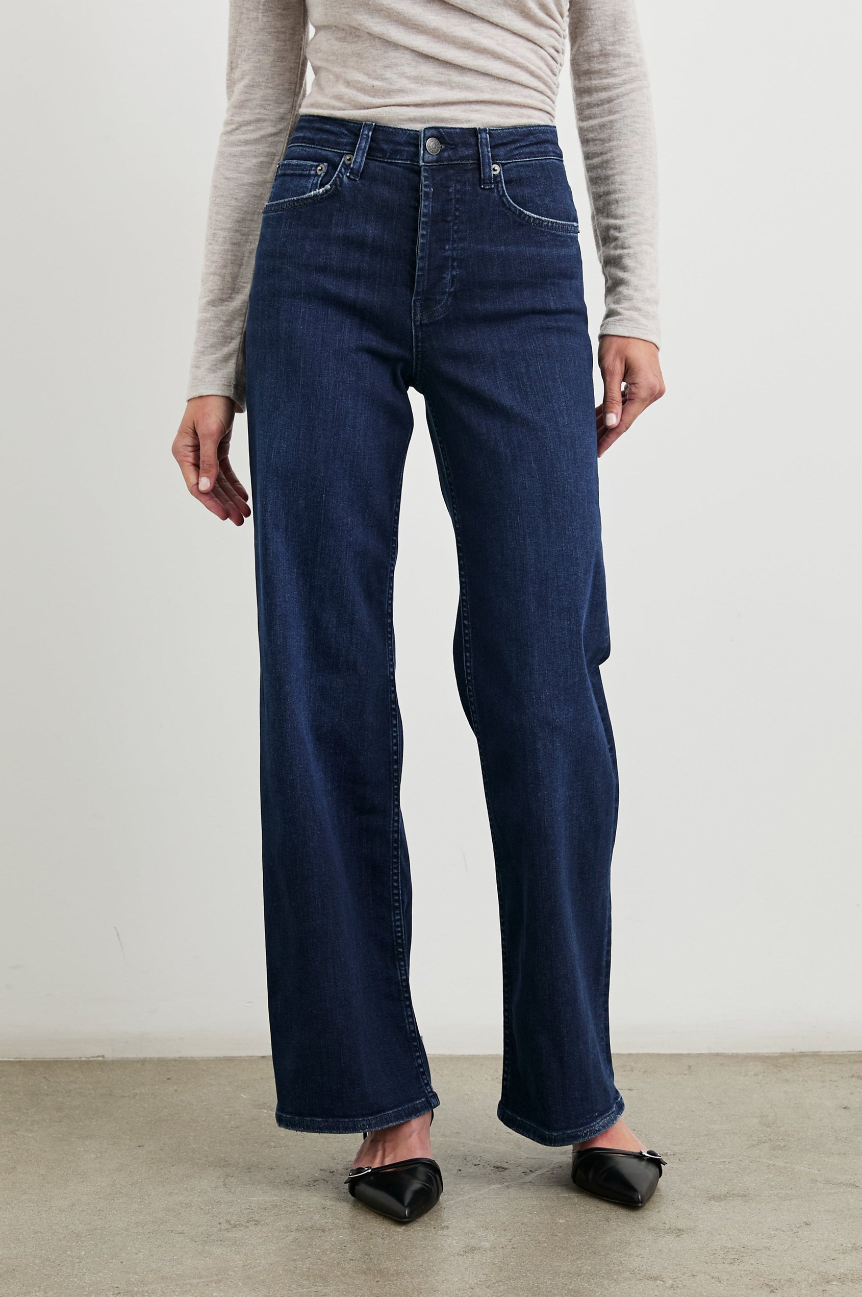 Getty Wide Leg Denim Pants with Belt Loops, Two Front Pockets and Two Back Patch Pockets in After Midnight Colorway - Front View Featured on Model