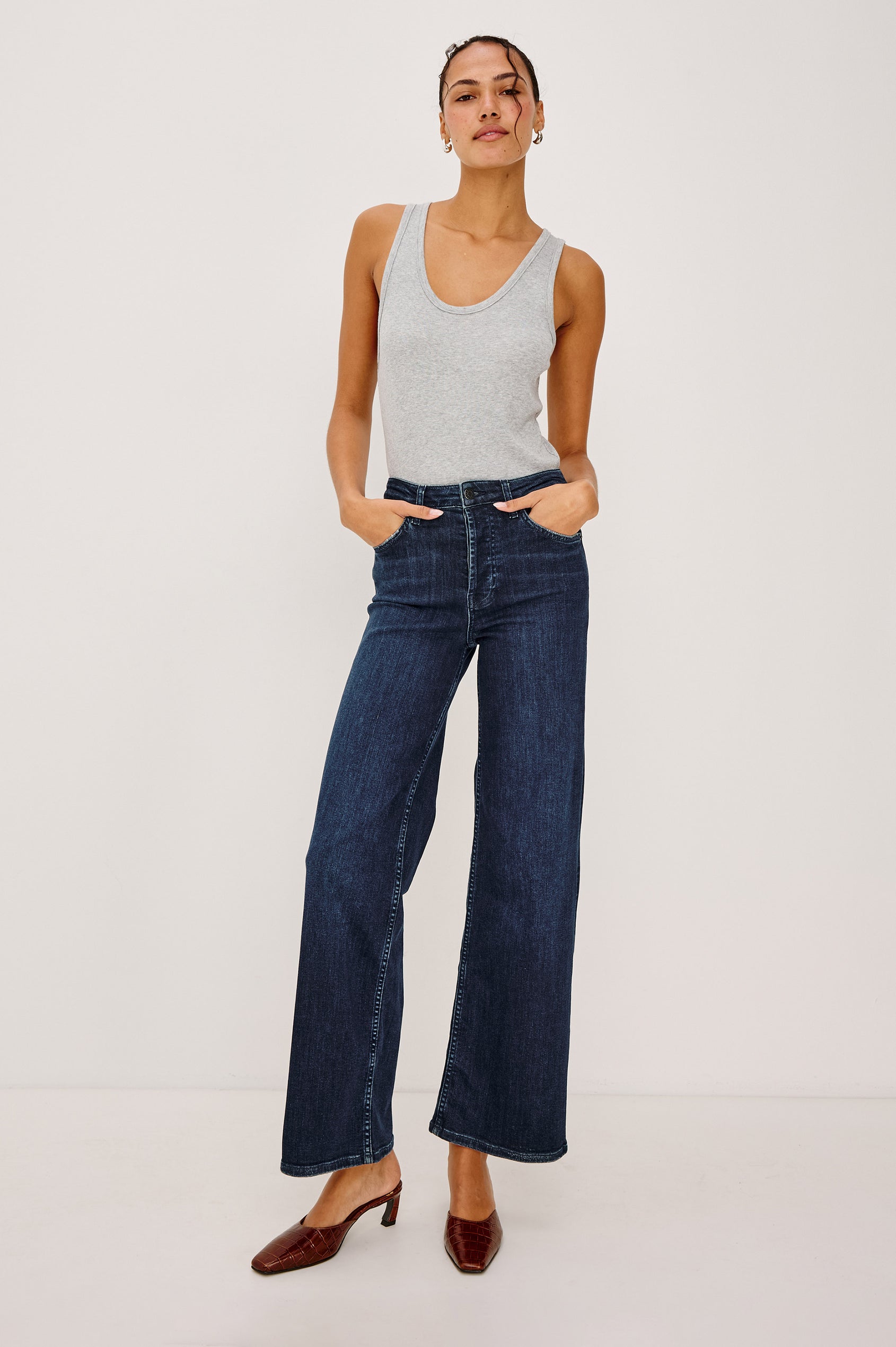 Getty Wide Leg Jean in Light Stretch Denim With High-Rise High-Waisted Fit, Button Fly, and 5-Pockets in After Midnight Colorway - Full Body Front View Featured on Model