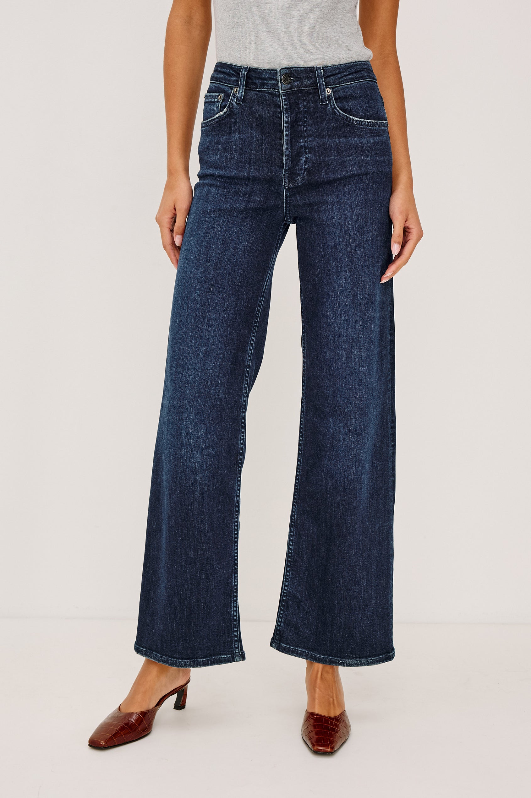Getty Wide Leg Jean in Light Stretch Denim With High-Rise High-Waisted Fit, Button Fly, and 5-Pockets in After Midnight Colorway - Lower Body Front View Featured on Model