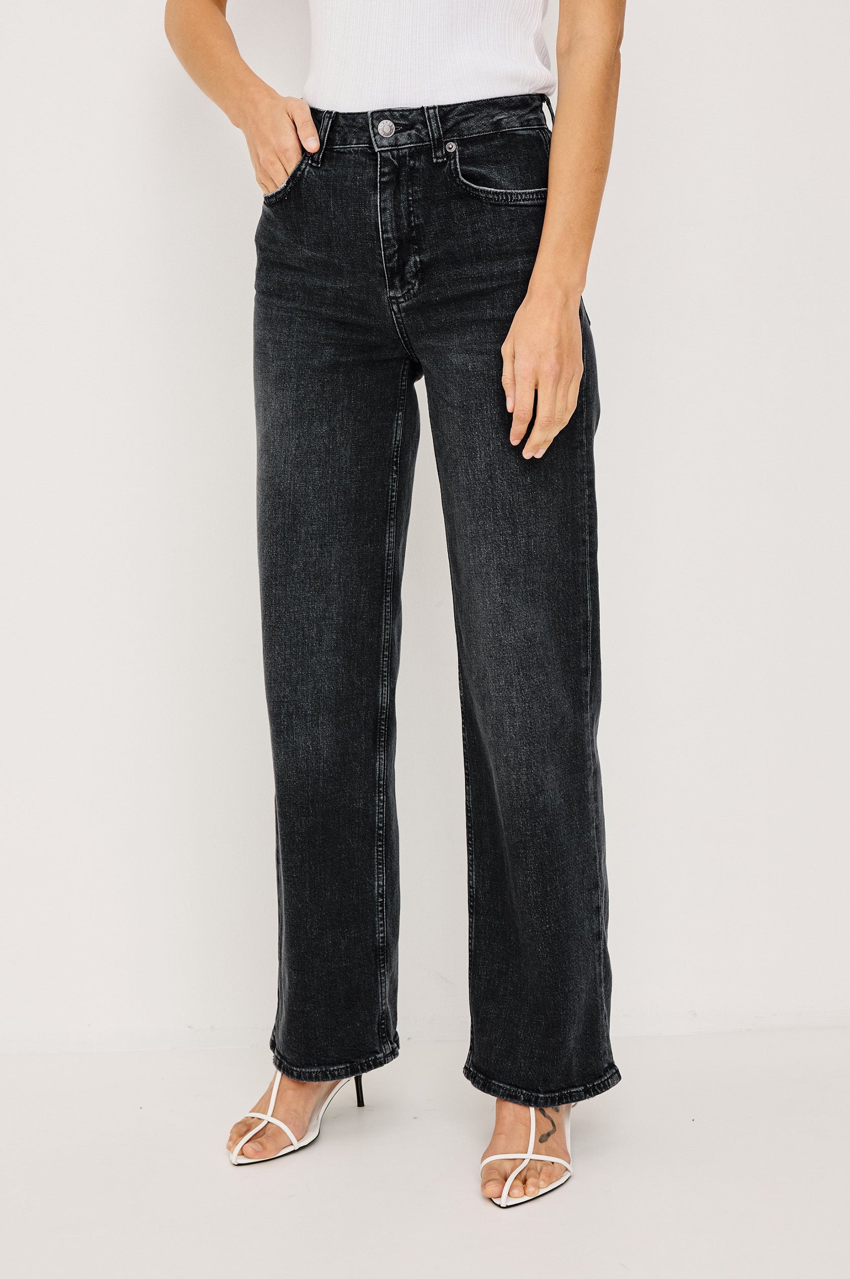 Getty Wide Leg Denim Pants with Belt Loops, Two Front Pockets and Two Back Patch Pockets in Black Pearl Colorway - Front View Featured on Model