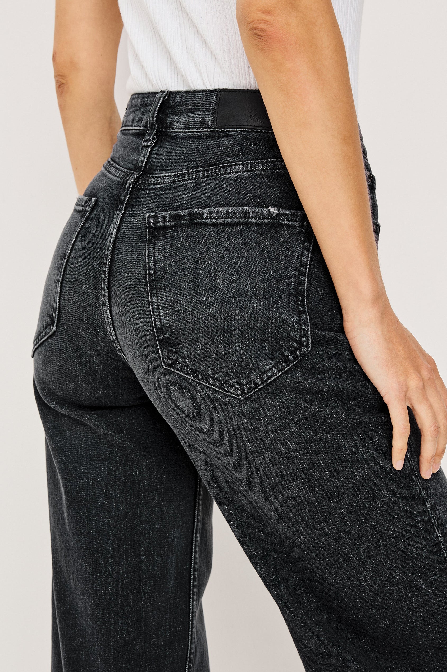 Getty Wide Leg Denim Pants with Belt Loops, Two Front Pockets and Two Back Patch Pockets in Black Pearl Colorway - Back View Featured on Model