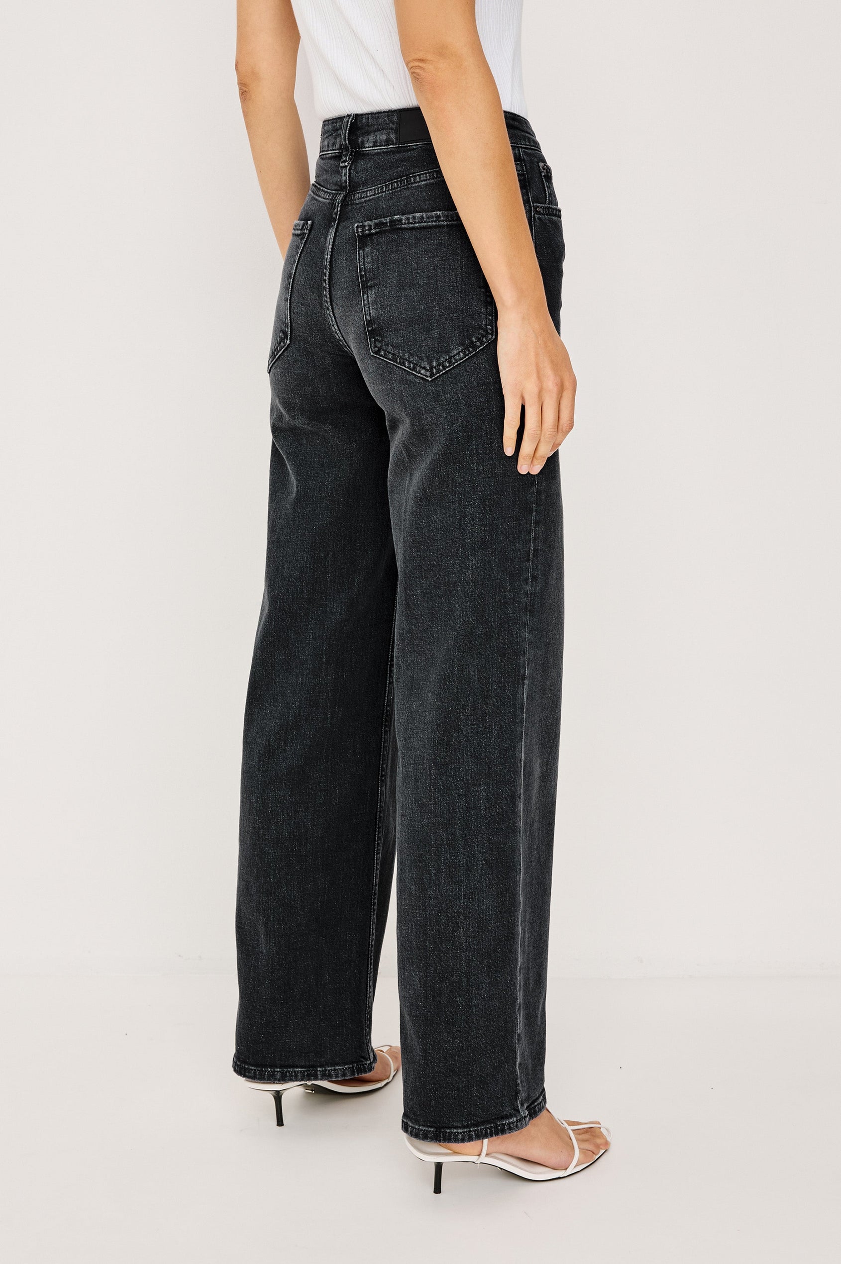 Getty Wide Leg Denim Pants with Belt Loops, Two Front Pockets and Two Back Patch Pockets in Black Pearl Colorway - Back View Featured on Model