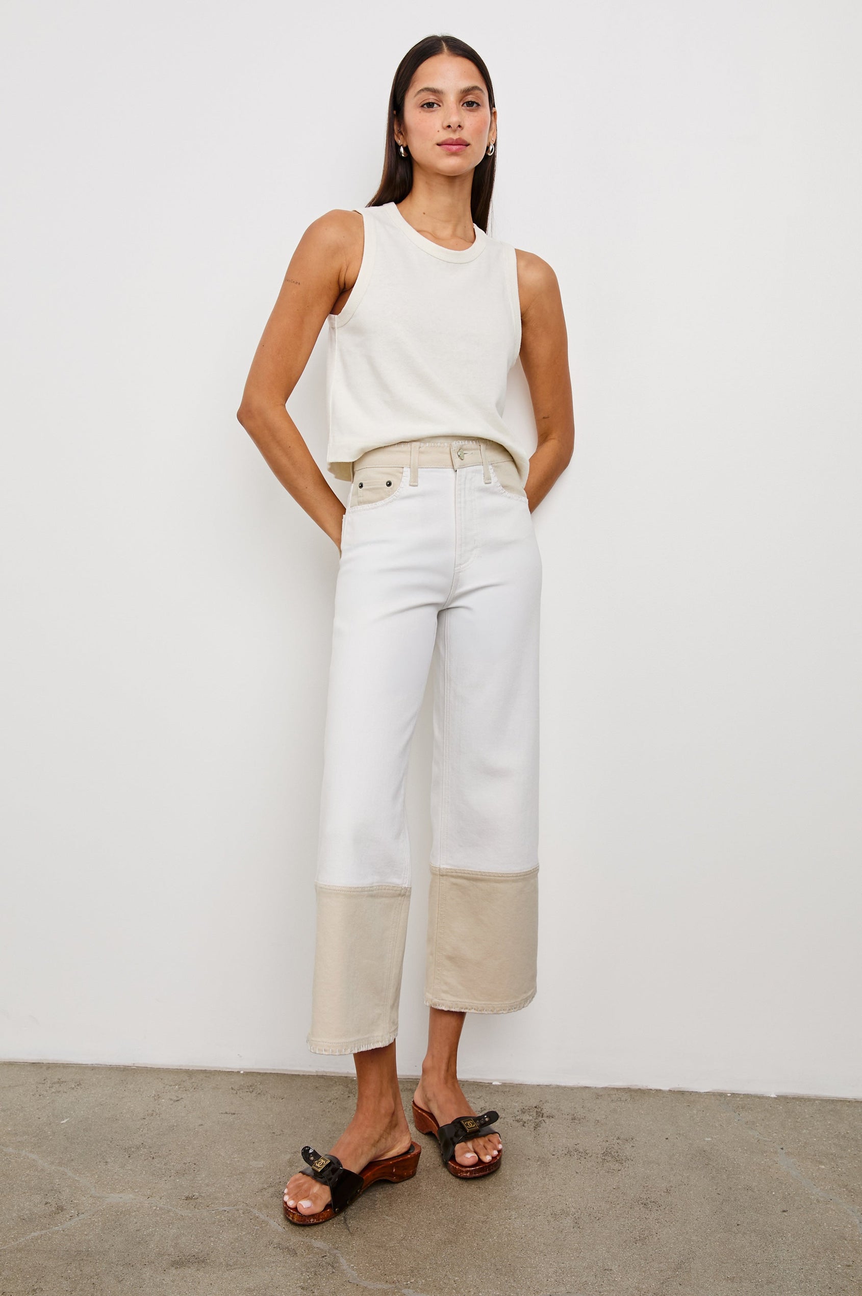 Getty cropped wide leg jean with blanket stiching and dual tones in Crema Embroidered - full body front view on model