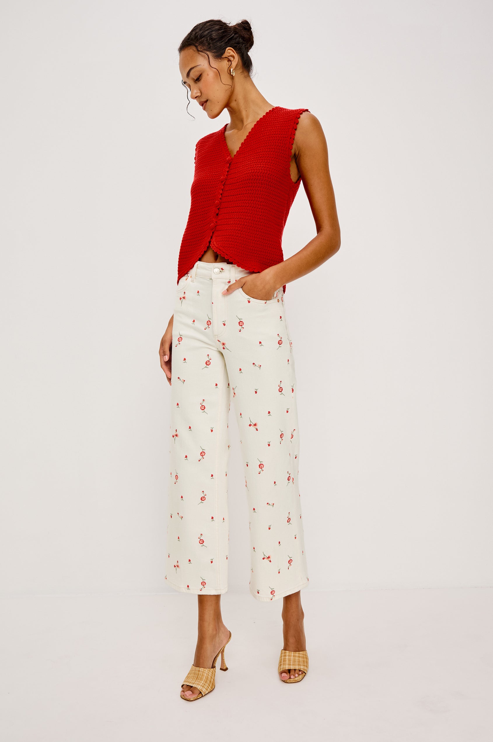 Getty Crop Jean in Light Stretch Denim With Wide Straight Legs, 27″ Inseam, Floral Embroidery, 5-Pockets, and Zip Fly in Ecru Romantic Floral Colorway - Full Body Front View Featured on Model